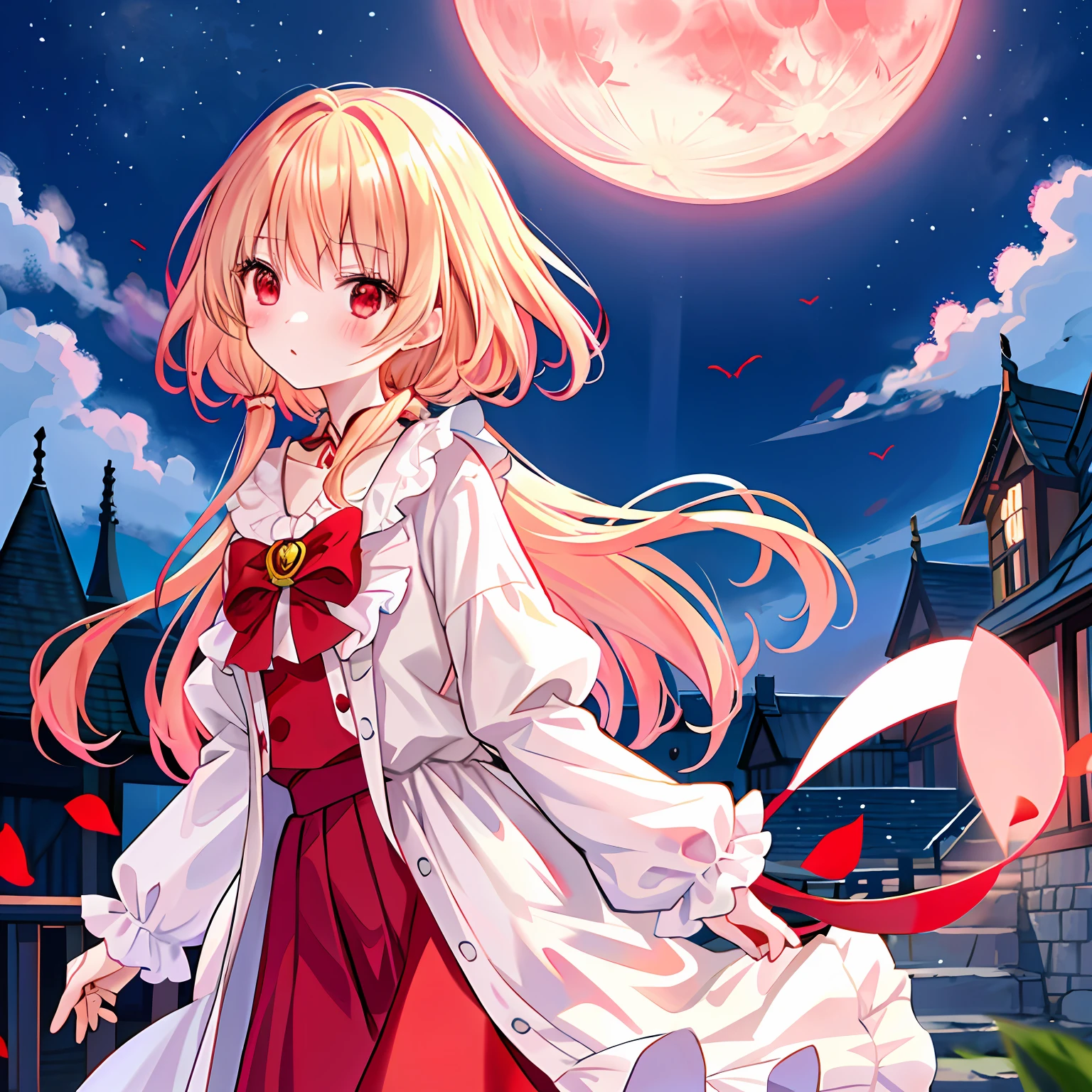 red blush、blonde hair、red eyes、Beautiful girl alone、animesque、独奏、lonely、Vampire、a moon、natta、