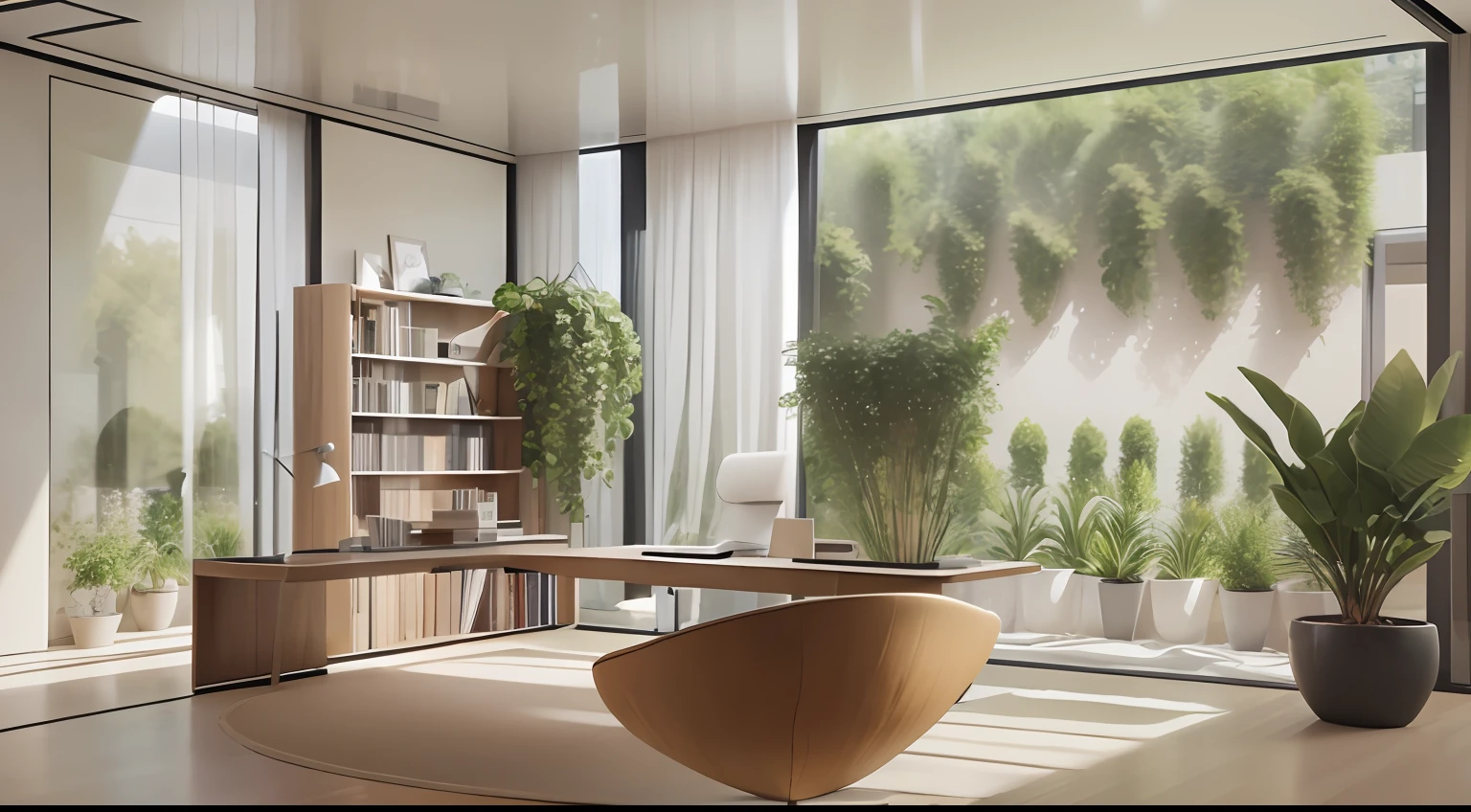 Large study in minimalist style,(Large simple desk,bookshelves,sofe,Walls),No main light design,Rare flowers and plants(1:0.01),suns rays,,an award winning masterpiece,The details are incredible,big window,highly detailed,Harper's Bazaar art,fashion magazine,fluency,Clear focus,8K,rendering by octane