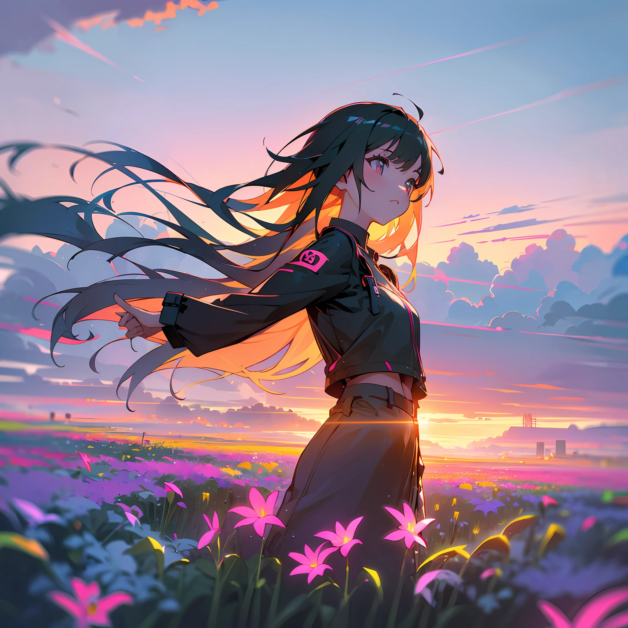 girl in field, (((field of neon flowers))), mid shot, portrait, clouds, sunrise