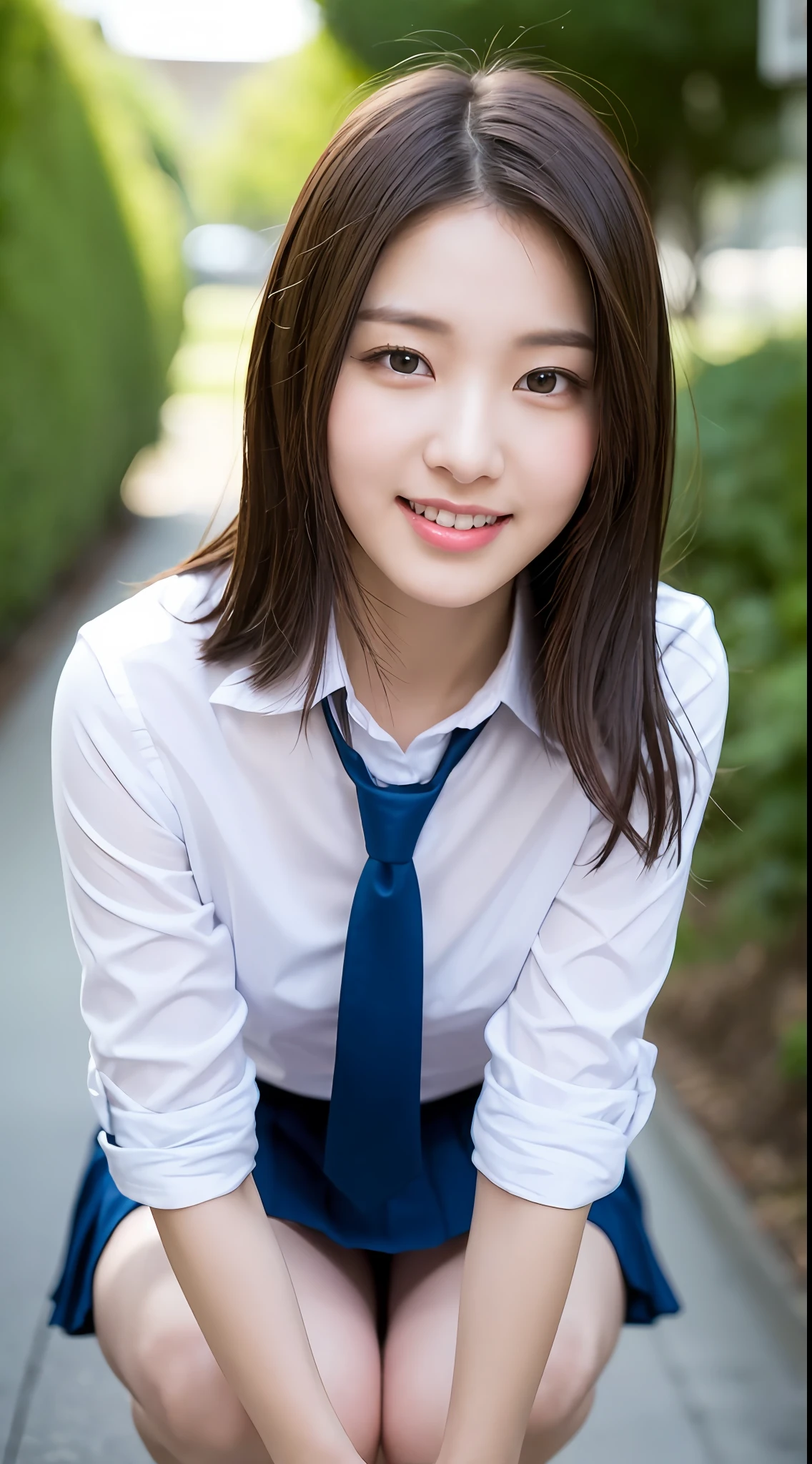 Very detailed 8k wallpaper)、foco nítido、in detail、Drama、Delicate and beautiful schoolgirl、sixteen years old、Sheer white shirt、Quite short skirt、neck tie、ligh brown hair、hair adornments、Beautiful and sexy、A smile、独奏、Beautiful graphics、Bright school building、Full of students、Looks like you can see it when you crouch、