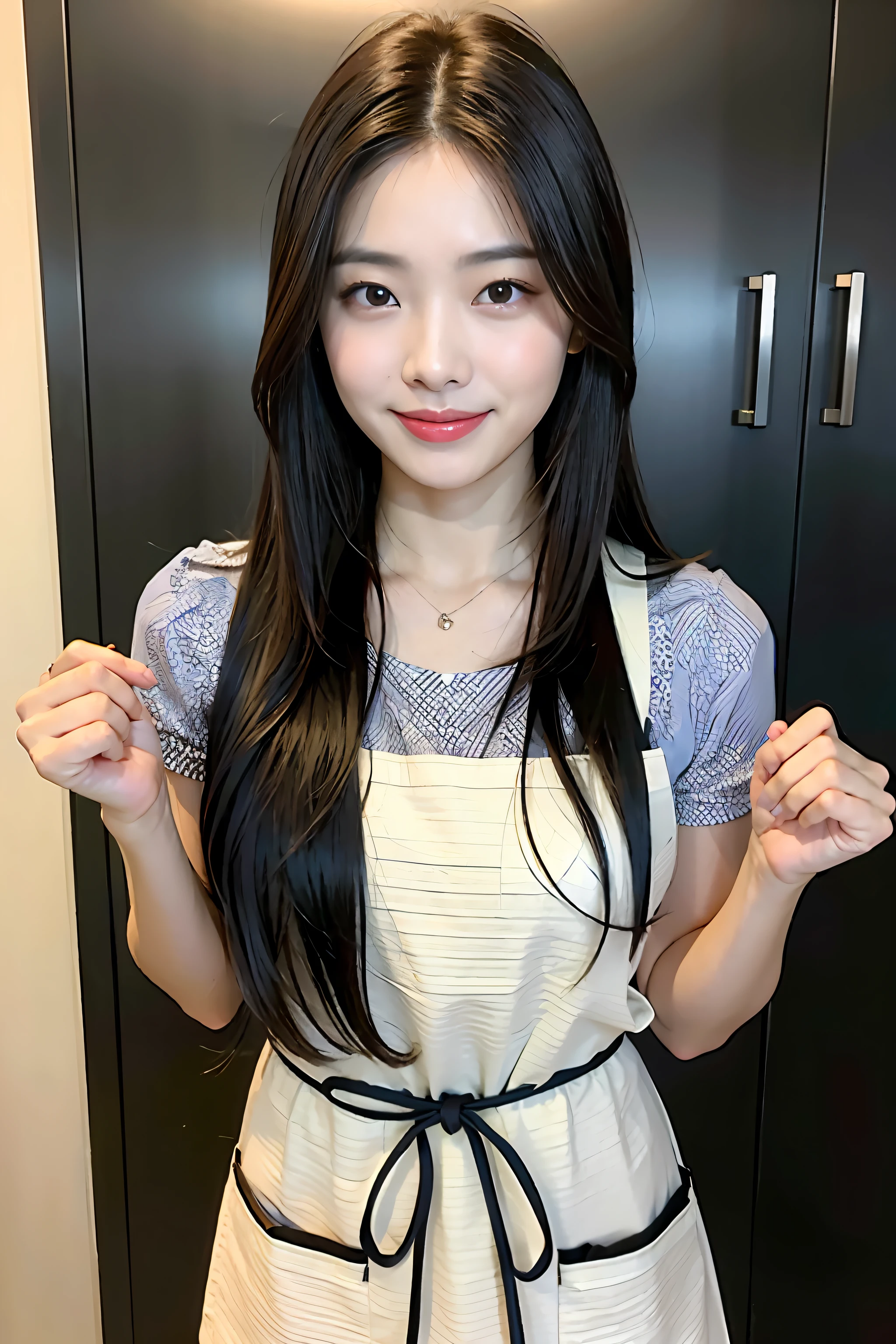 (masuter piece:1.3)、(8k、Photorealsitic、RAW Photography、top-quality: 1.4)、ighly detailed、tre anatomically correct、Textured skin、(1girl)、（Shooting for one person only）、beautiful countenance、（lifelike face）、Korean model(A dark-haired、Center division、Long:1.3）、Chinese models(A dark-haired、Long:1.3)、More Korean than Chinese、realisticeyes、real looking skin、Beautiful details、Beautiful skins、A charming smile、Smiling smile、超A high resolution、（A hyper-realistic）、tre anatomically correct、Textured skin、Sharp jawline、morning、Kitchen background、lunch box、cooking、apron、Hair should be tied together at the back、Hold the finished lunch box with both hands、Facing the front