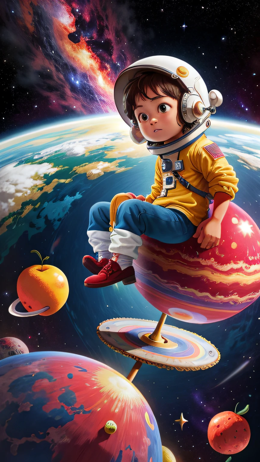 An Earth with fruits, space, colorful galaxies, a kid on top of the earth in space, wide angle