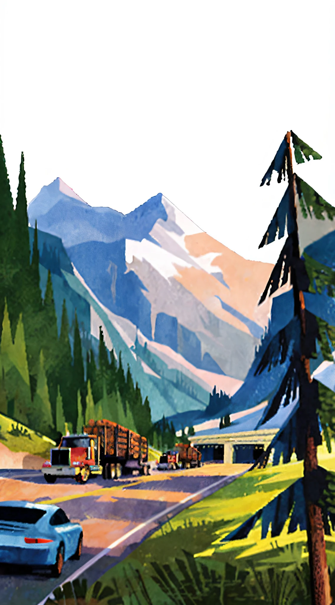 There was a car driving on the road in front of the mountain, illustration!, author：Craig Thompson, rendering of log pile factory, Stylized digital illustration, author：Marshall Arisman, author：Sam Bosma, Commercial illustration, author：John Amlaide, Landscape illustration, author：Dan Scott, author：Carey Morris, mountain scene, painting illustration, author：Hamish MacDonald