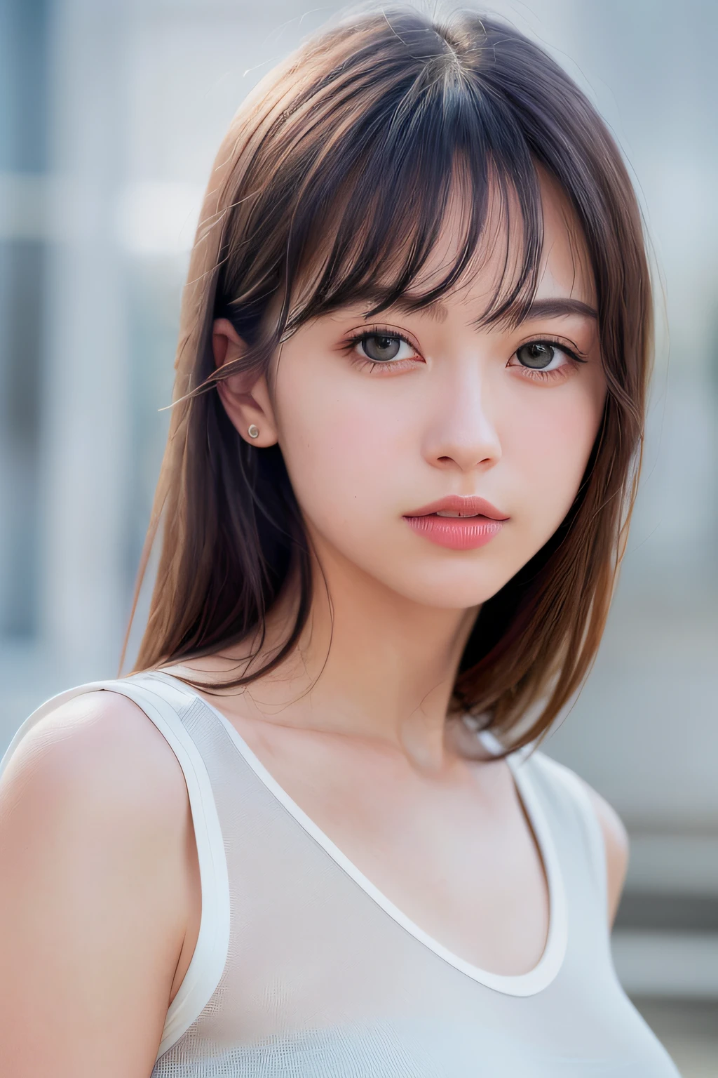 Dressed, (Photorealistic: 1.4), (Hyperrealistic: 1.4), (Realistic: 1.3), (Smooth Lighting: 1.05), (Cinematic Lighting Quality Improvement: 0.9), 32K, 1 Girl, 15 Year Old Girl, Realistic Lighting, Backlit, Face Lights, Ray Tracking, (Bright Light: 1.2), (Quality Improvement: 1.4), ( Top quality realistic texture skin: 1.4), fine detailed eyes, detailed face, fine quality eyes, (tired, sleepy and satisfied: 0.0), face close-up, t-shirt, (enhance body line atmosphere: 1.1), (enhance skin texture beauty: 1.1)