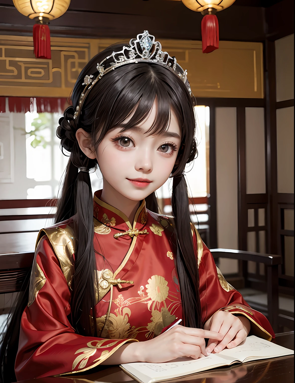 chinese palace,1little girl,lily,twintails,brunette color hair,By bangs,Long chinese dress,,9--old ale model,Princess,crown,Smile,