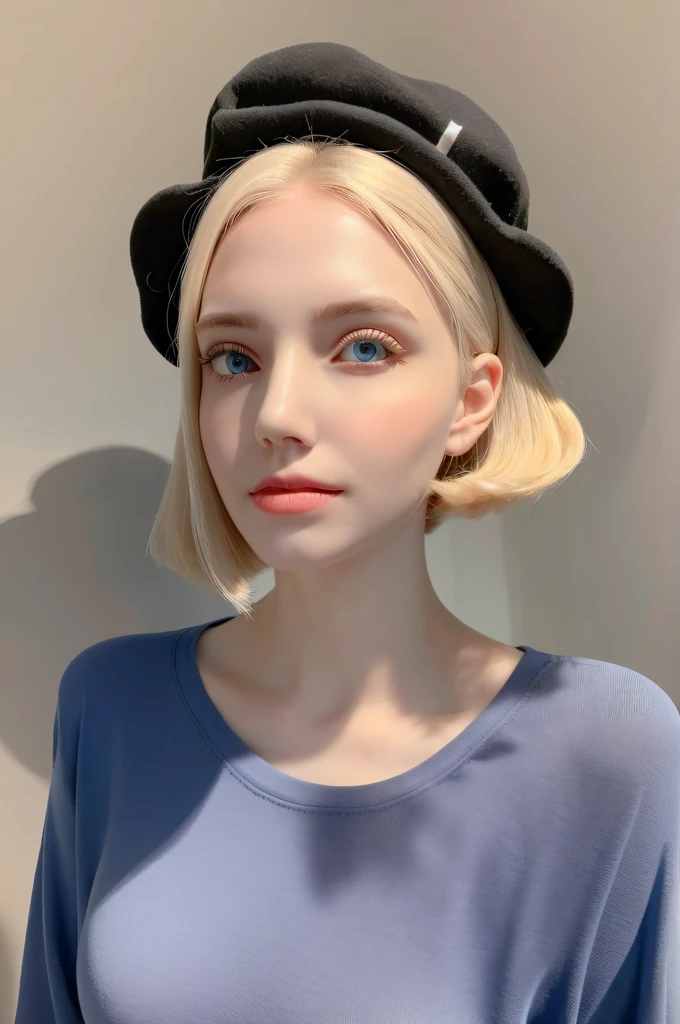 blonde woman with blue eyes wearing a black hat and white shirt, Soft, Perfect, pale skin;, perfect white haired girl, soft portrait shot 8 k, pale glowing skin, Girl with gray hair, beautiful pale makeup, soft pale golden skin, soft pale white skin, High Quality Portrait, natural soft pale skin, medium portrait soft light, girl with short white hair, hair light