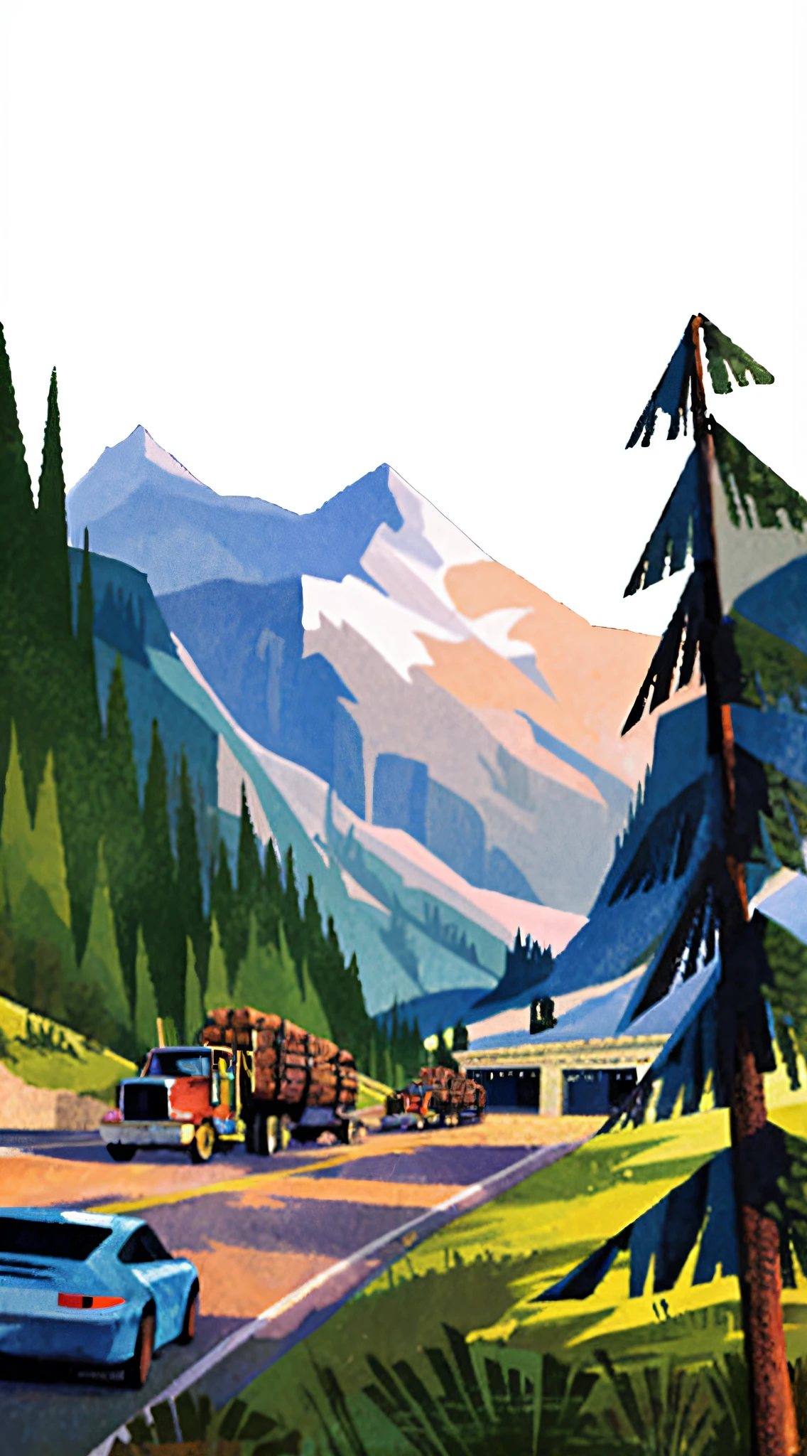 There was a car driving on the road in front of the mountain, illustration!, author:Craig Thompson, rendering of log pile factory, Stylized digital illustration, author:Marshall Arisman, author:Sam Bosma, Commercial illustration, author:John Amlaide, Landscape illustration, author:Dan Scott, author:Carey Morris, mountain scene, painting illustration, full-colour illustration