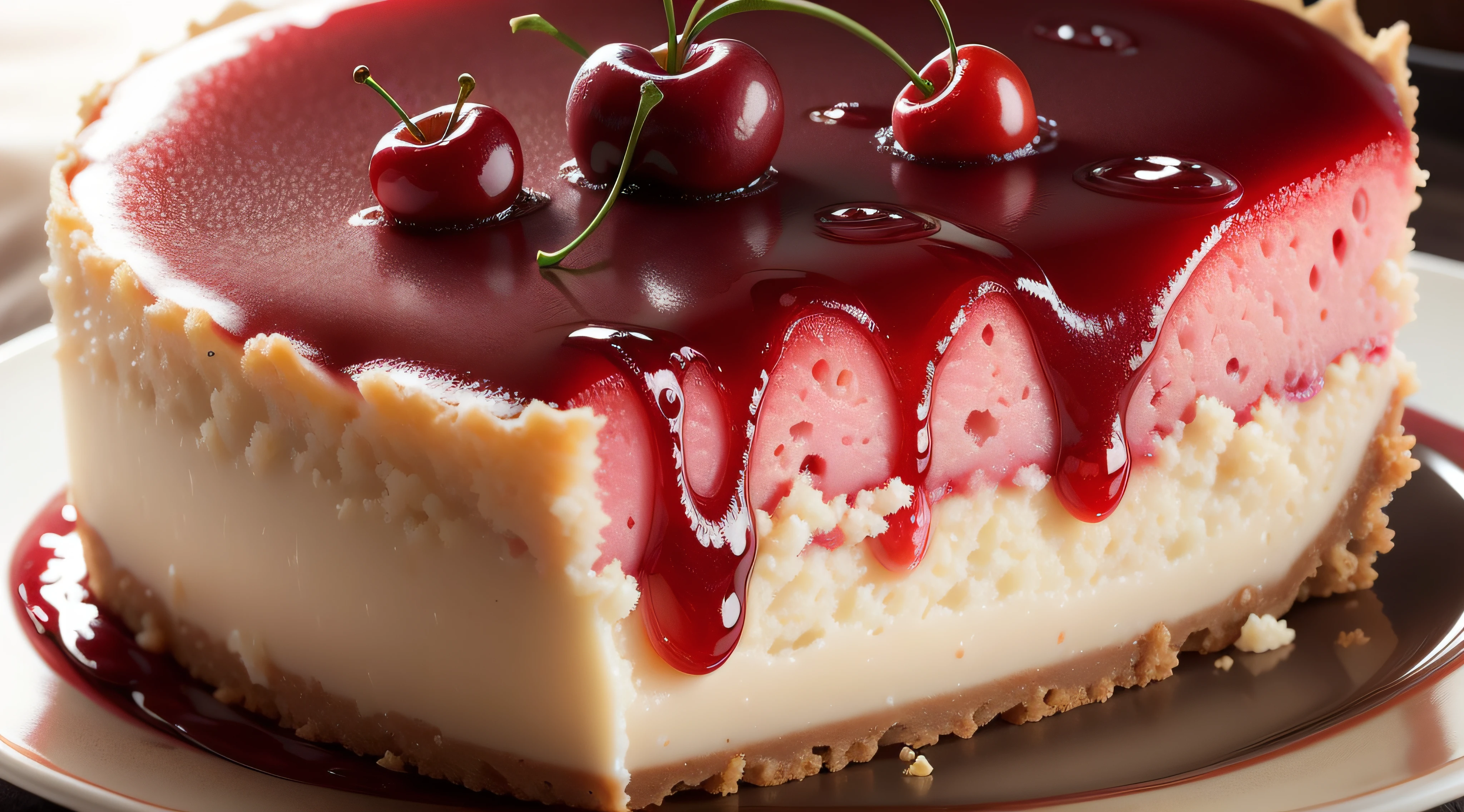 Appetizing slice of cherry cheesecake, professional photography and light, close-up --ar 2:3 --v 5 --q 2