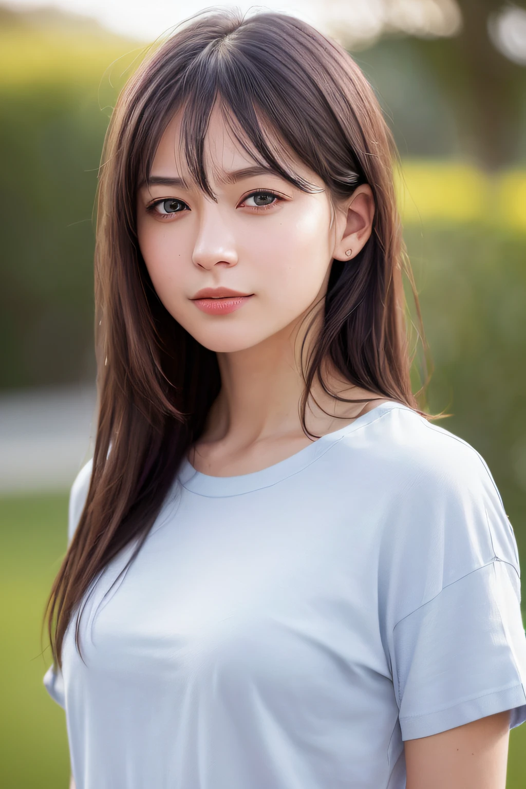 Dressed, (Photorealistic: 1.4), (Hyperrealistic: 1.4), (Realistic: 1.3), (Smooth Lighting: 1.05), (Cinematic Lighting Quality Improvement: 0.9), 32K, 1 Girl, 15 Year Old Girl, Realistic Lighting, Backlit, Face Lights, Ray Tracking, (Bright Light: 1.2), (Quality Improvement: 1.4), ( Top quality realistic texture skin: 1.4), fine detailed eyes, detailed face, fine quality eyes, (tired, sleepy and satisfied: 0.0), face close-up, t-shirt, (enhance body line atmosphere: 1.1), (enhance skin texture beauty: 1.1)