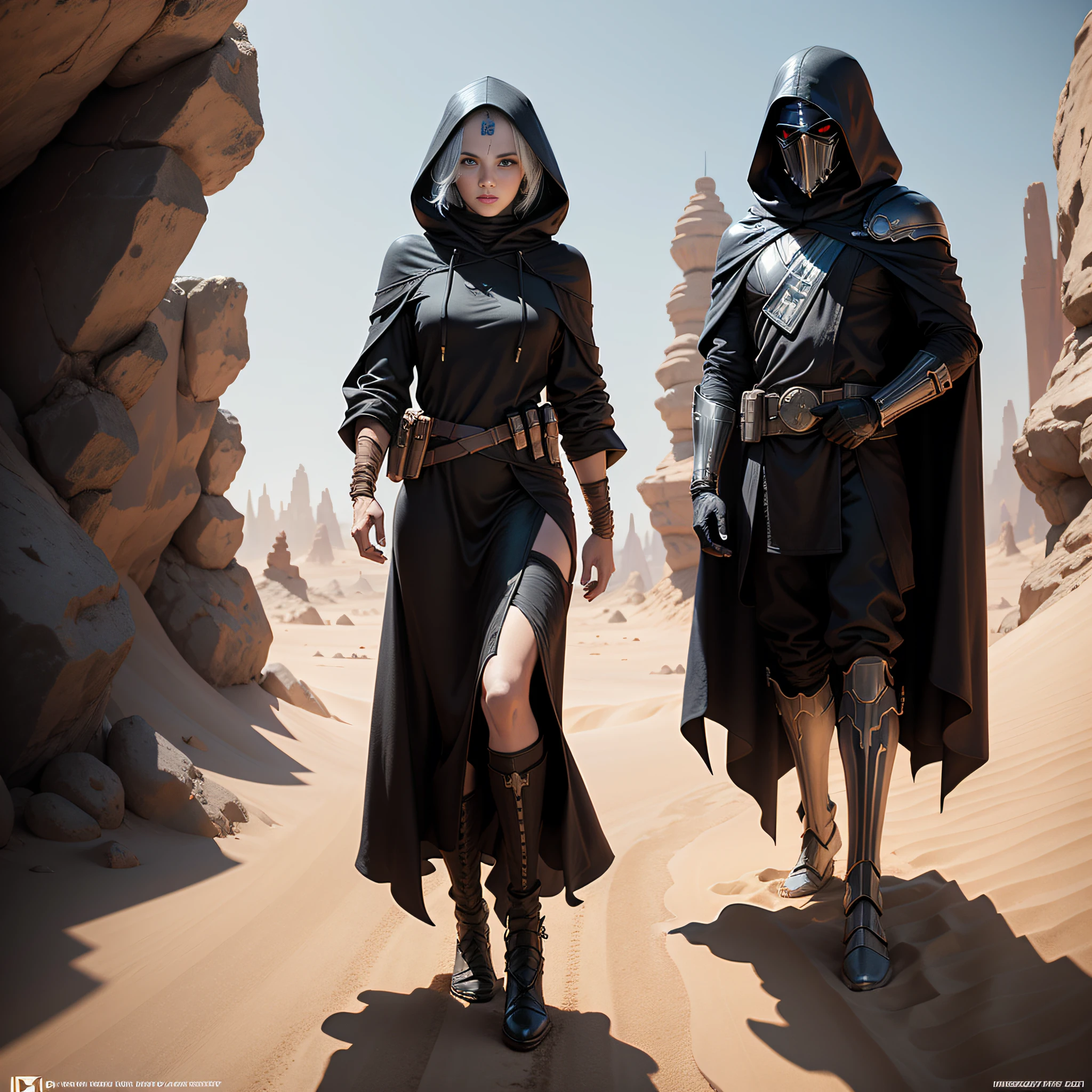 Star Wars poster，A man in a hoodie walks in the desert, fantasy style 8 k octane render, HQ 4K wallpaper, (rendering by octane) Fantasy style, hooded cloaked sith lord, cinematic 4k octane render, 4 k movie octane rendering, octane render cinematic, dune style, octane render”, octane render”, ww 1 sith sorcerer