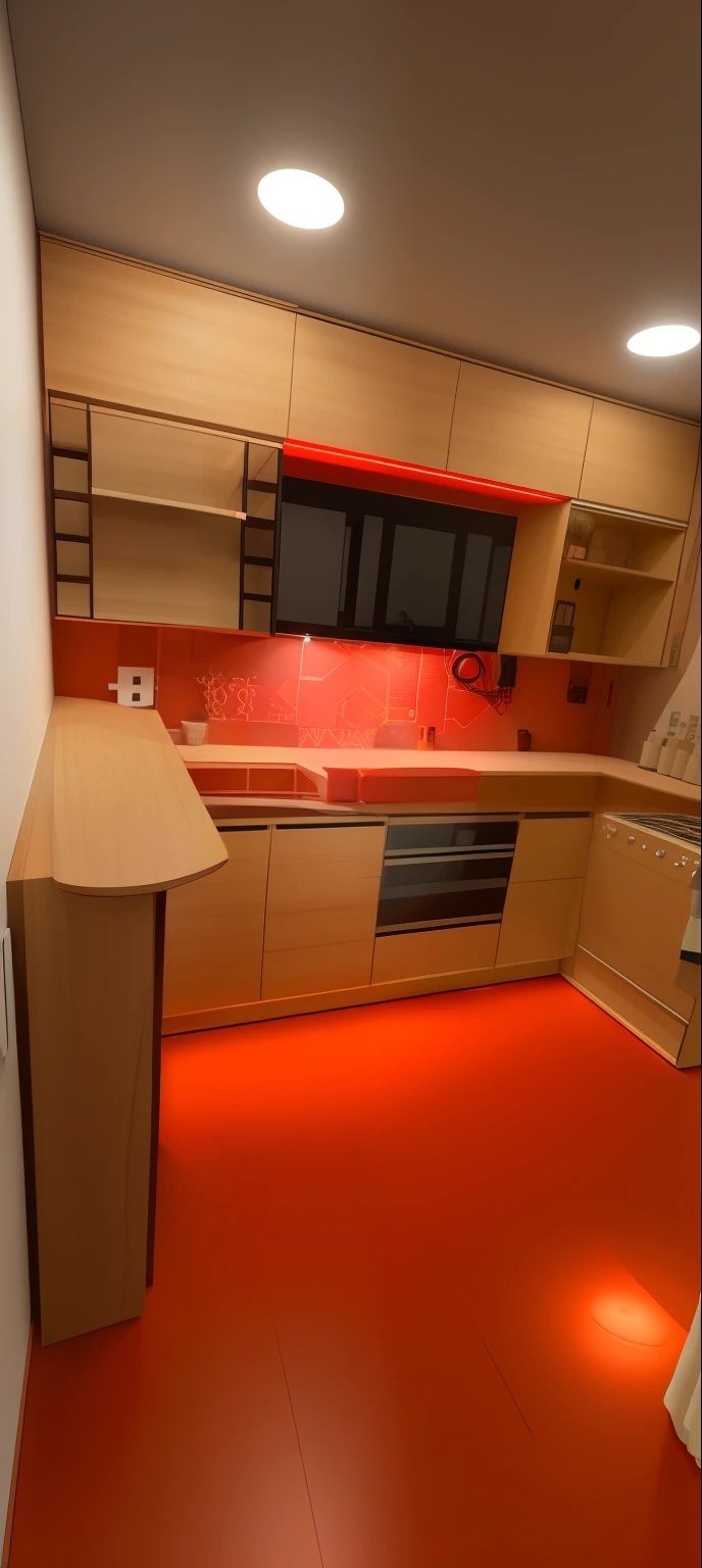 Imuminacion Led , marmol rojo y dorado , mueble color madera