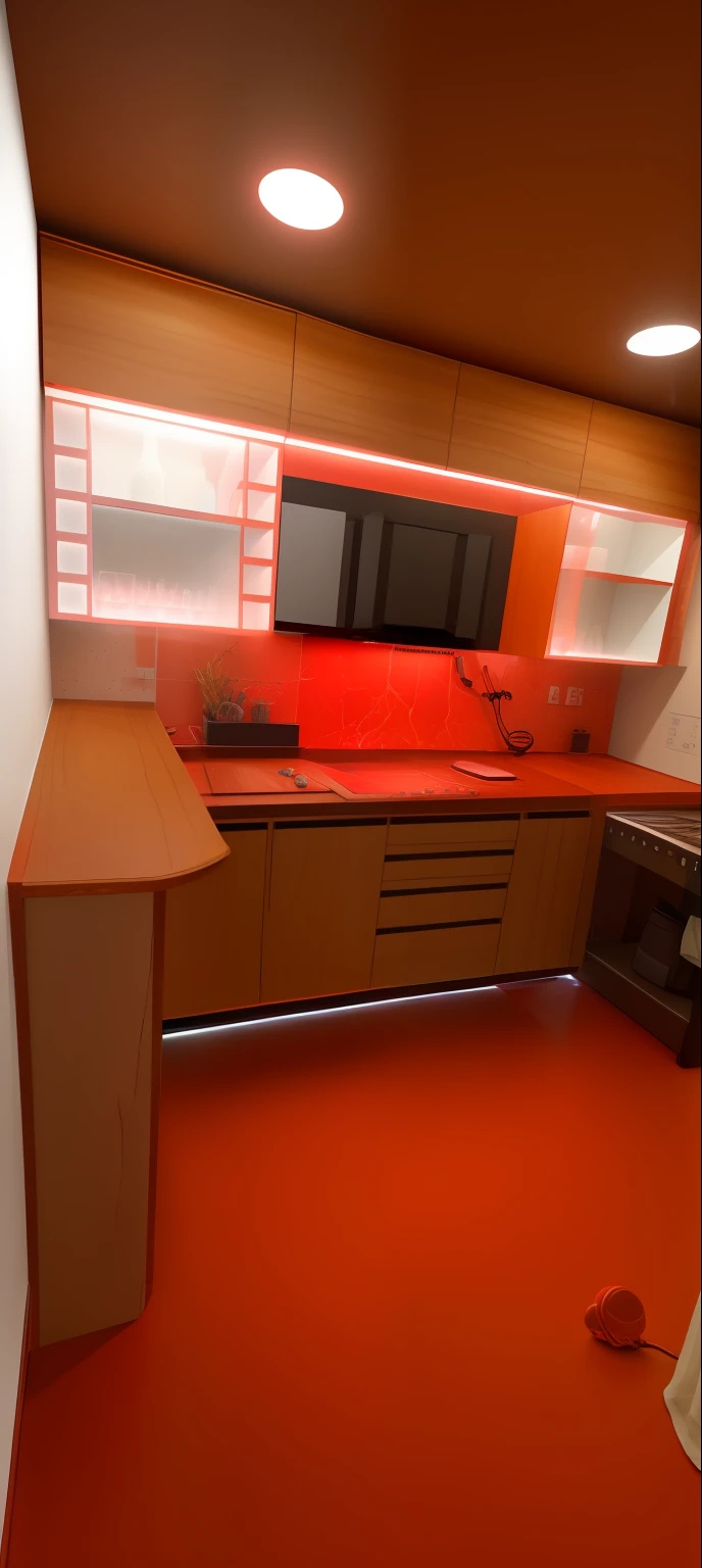 Imuminacion Led , marmol rojo y dorado , mueble color madera