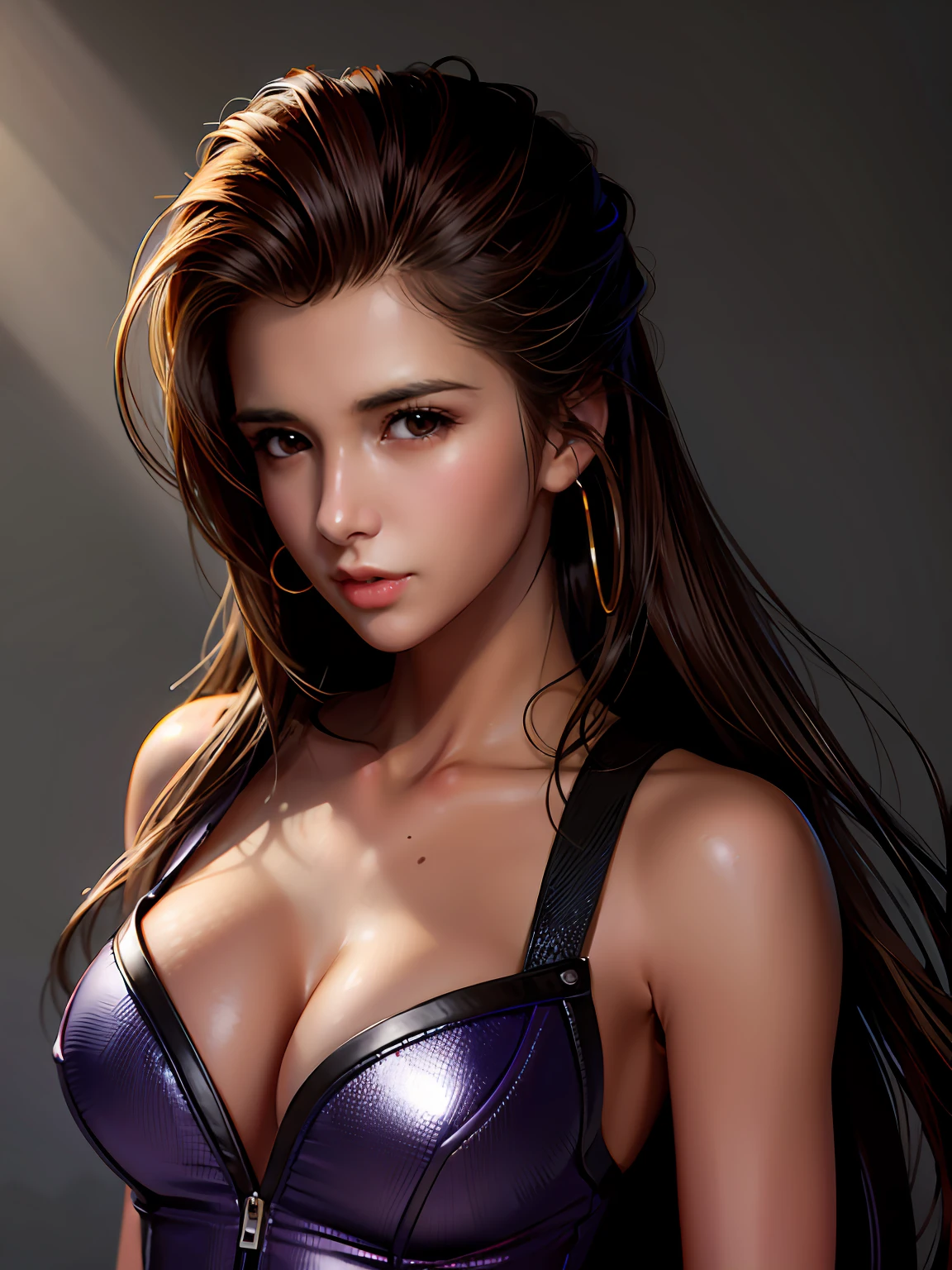 long straight dark brown haired gamer girl leaning into the camera, three-quarter headshot, photo from front above, dark red hoodie, straight hair, large leather gamer headphones, medium breasts, skintight black top:1.2, cleavage, purple bra:1.2, looking at viewer, realistic, 4k, cinematic lighting, perfect, soft lights, intricate details, high resolution skin:1.2, realistic skin texture, realistic face, perfect anatomy, lean girl, fit girl, sfw:1.2