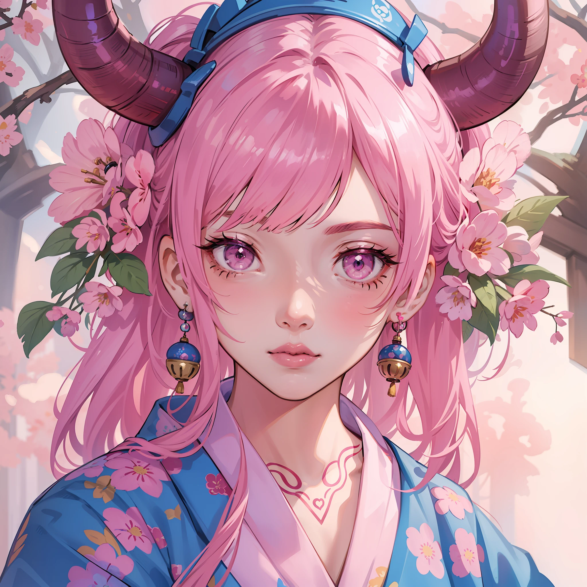 best quality, highly detailed beautiful face and eye, (1girl, solo), 18years old, pink single ban hair, demon horns, pink eyes, light pink lips, floral tattoo on face, earnest expression, blue kimono, Japanese ancient capital