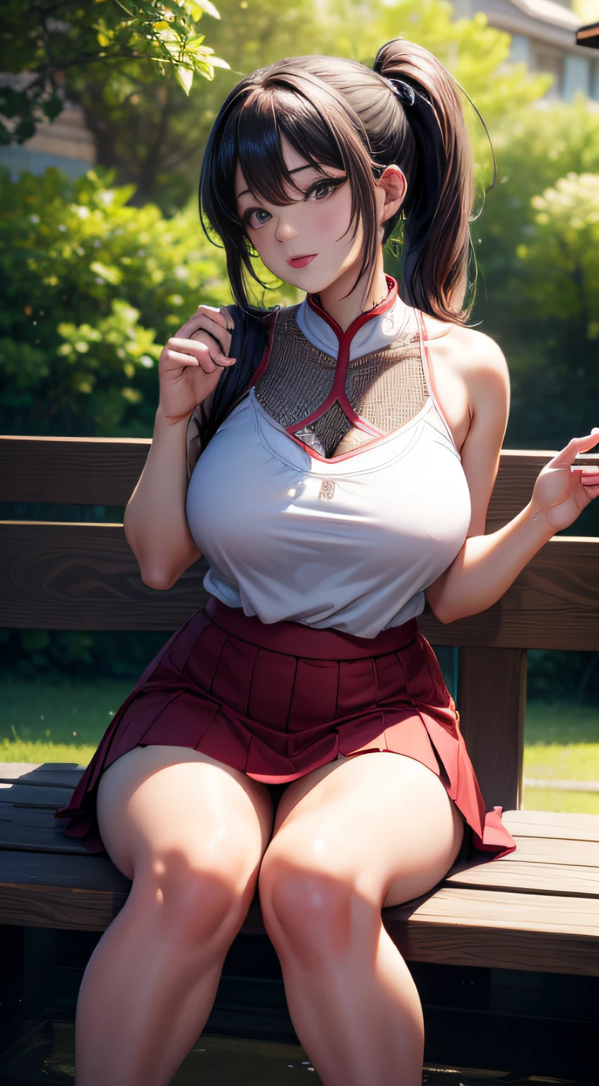 8K,PremiumQuality ,Masterpiece, illustration, Photorealsitic,An extremely delicate and beautiful, Extremely detailed,detailed face texture,Complex facial textures,Realistic face textures,Natural light,Best quality, offcial art, extremaly detailed cg, Unified 8K wallpapers, absurderes, hugefilesize , Ultra-detailed, A high resolution ,Outdoor photography,A woman who is(mature,Raised sexy,plumw,seductiv),25 age old,Chinese woman,korean woman,Slightly chubby girl,Bigchest,(full bodyesbian:1.5)pony tails,Red sports bras,Red tight skirt,transparent panty,Lift the skirt,pantyless,Camel toes,Sit with your knees folded