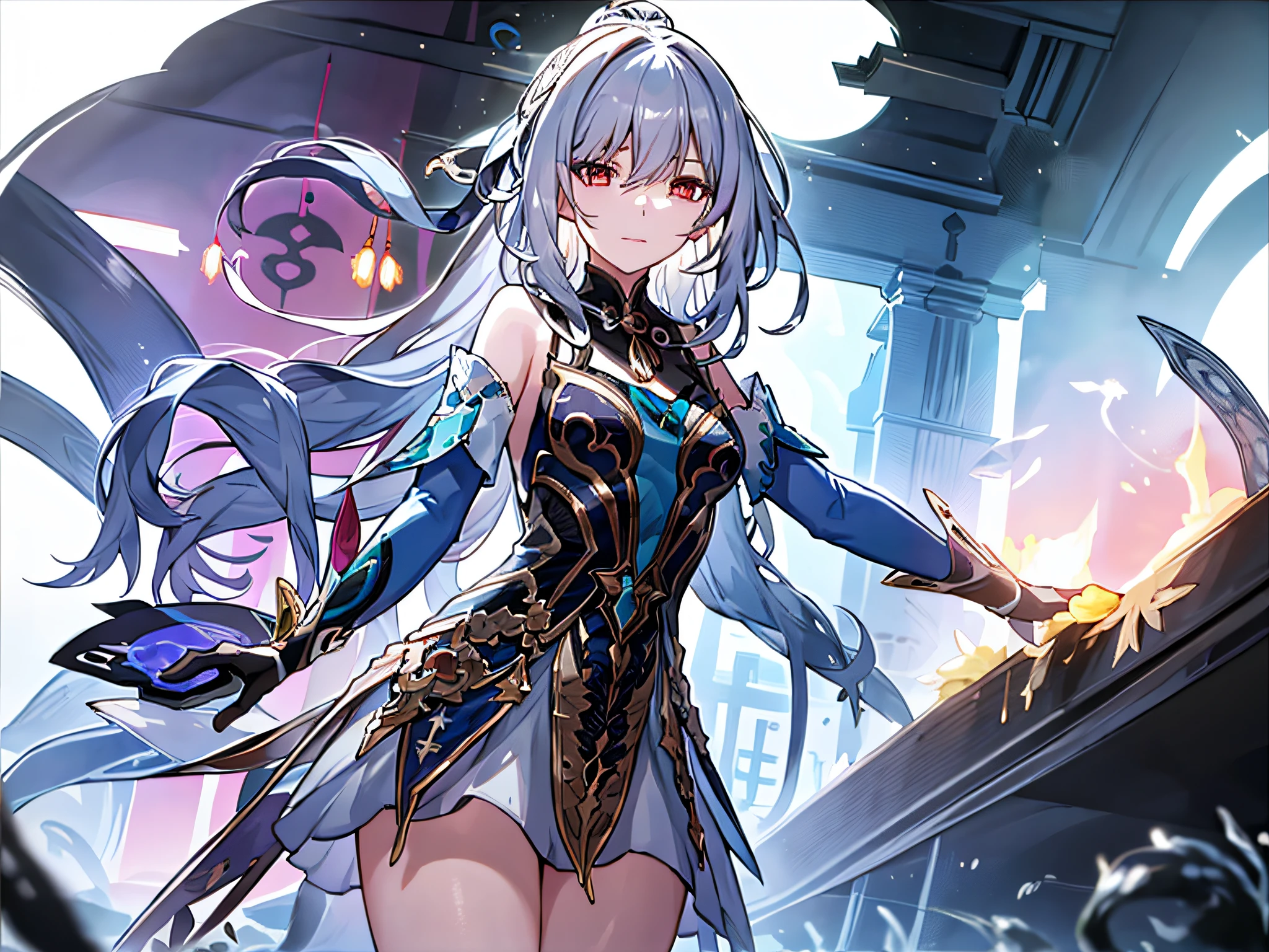 masterpiece, best quality, JingliuV4, 1girl, solo, looking at viewer, closed mouth, gloves, dress, black gloves, detached sleeves, hands behind back,