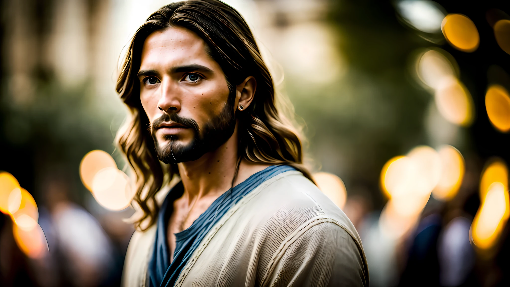 portrait of modern day Jesus, cinematic lighting, depth of field, bokeh, realism, photorealistic, hyperrealism, professional photography, uhd, dslr, hdr