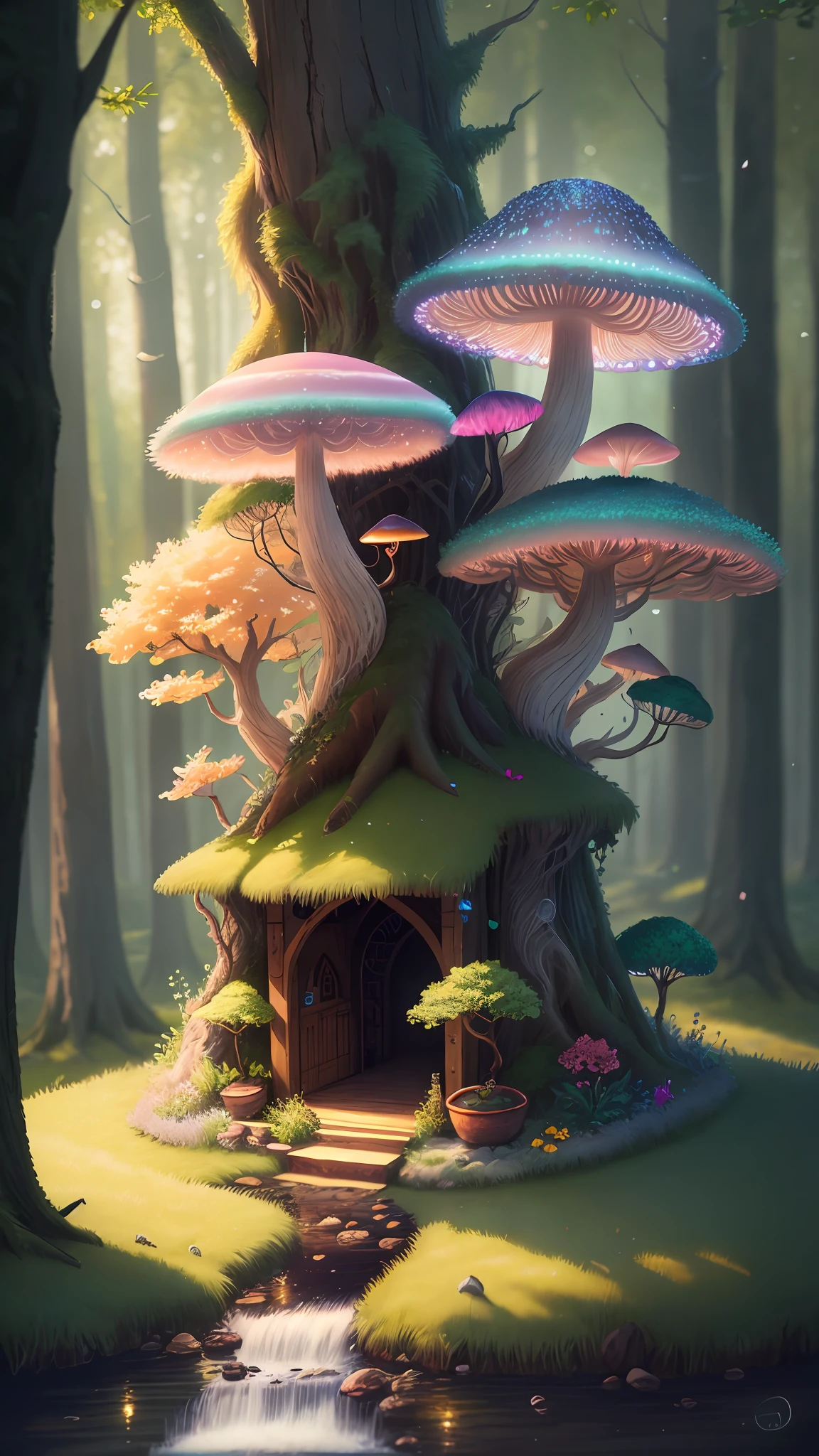 masterpiece, best quality, high quality,extremely detailed CG unity 8k wallpaper, An enchanting and dreamy scene of a fantasy forest, with towering trees, glowing mushrooms, and hidden fairy glens, creating a sense of mystique and enchantment, artstation, digital illustration, intricate, trending, pastel colors, oil paiting, award winning photography, Bokeh, Depth of Field, HDR, bloom, Chromatic Aberration ,Photorealistic,extremely detailed, trending on artstation, trending on CGsociety, Intricate, High Detail, dramatic, art by midjourney