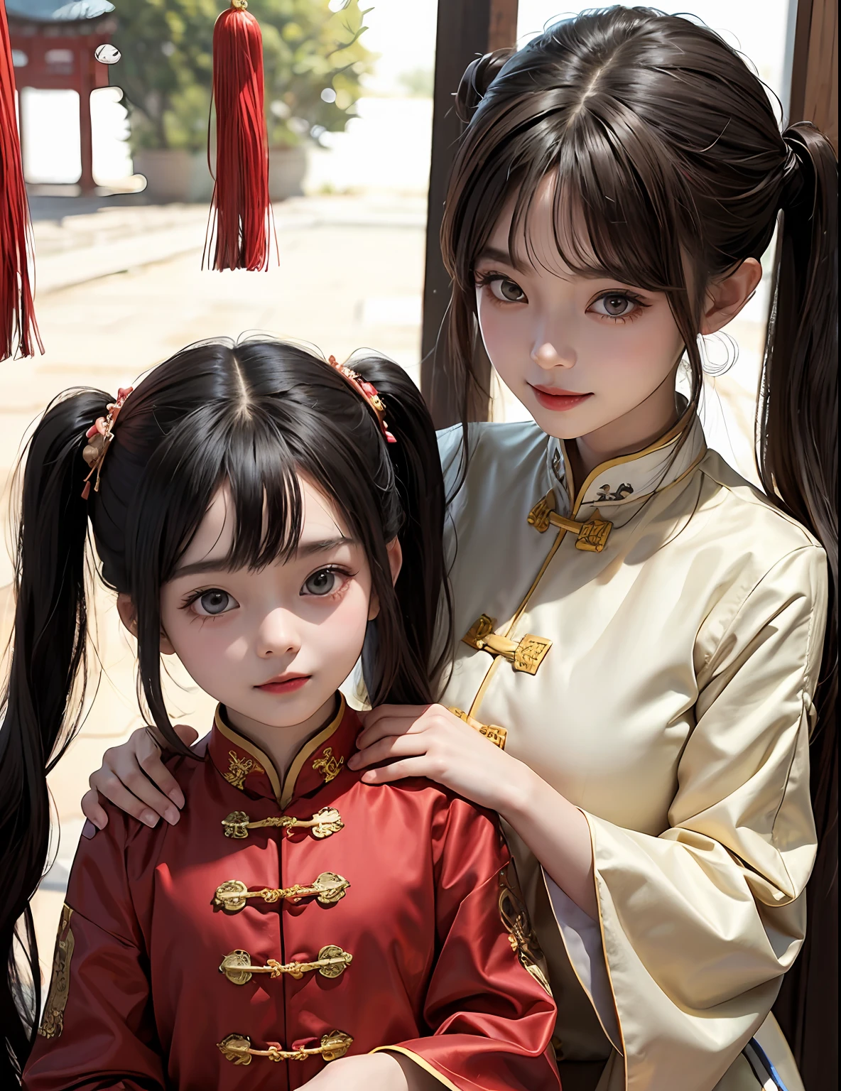 chinese palace,1little girl,lily,twintails,brunette color hair,By bangs,Long chinese dress,,9-year-old female model,Princess,Smile,
