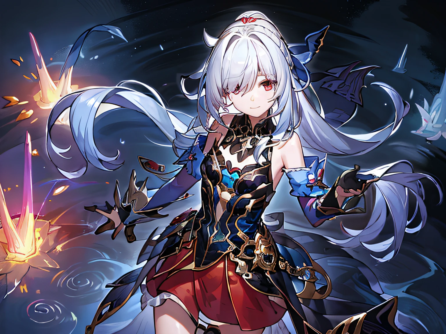 masterpiece, best quality, JingliuV4, 1girl, solo, looking at viewer, closed mouth, gloves, dress, black gloves, detached sleeves, hands behind back,