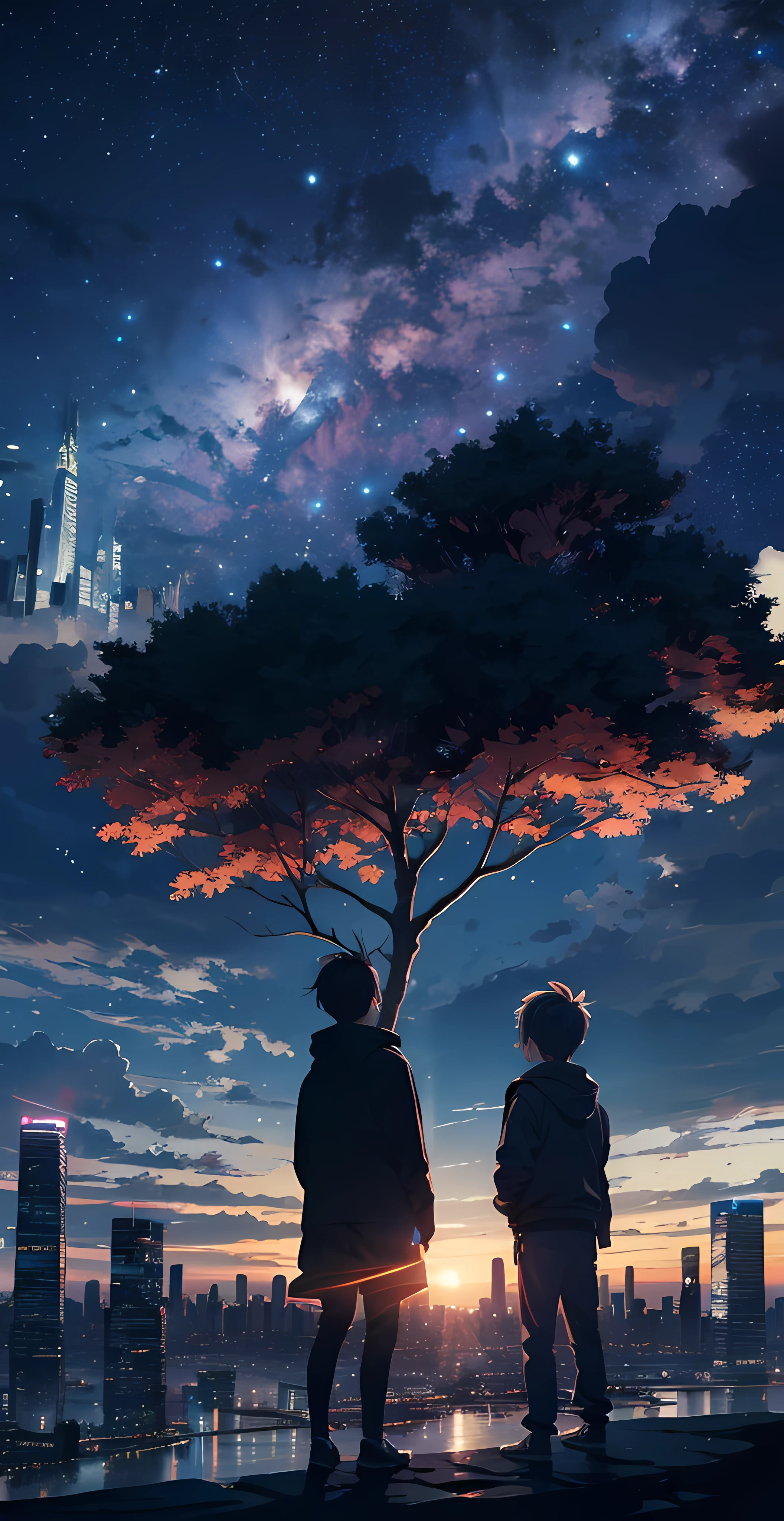 octans，Skysky，As estrelas（Skysky），scenecy，starrysky，the night，2boy，nigh sky，puss，exteriors，buliding，​​clouds，galactic，sitted，The tree，城市，siluette，view over city