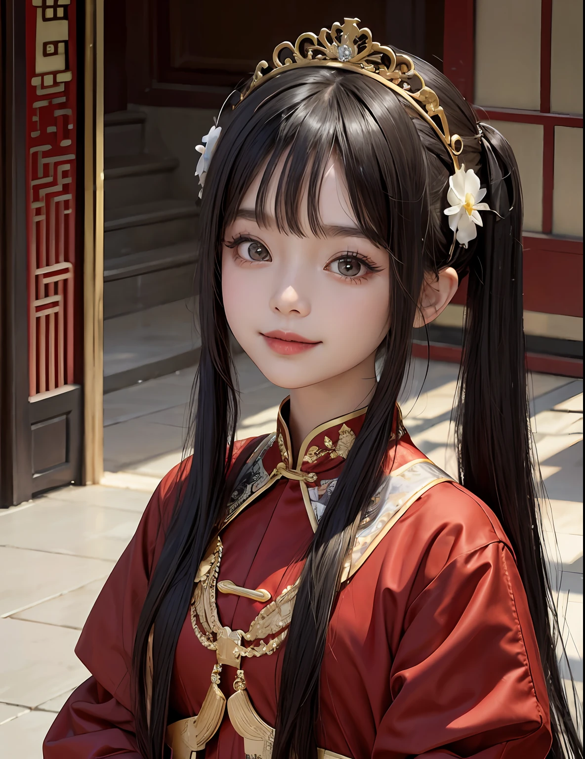 chinese palace,1little girl,lily,twintails,brunette color hair,By bangs,Long chinese dress,,9-year-old female model,Princess,Smile,