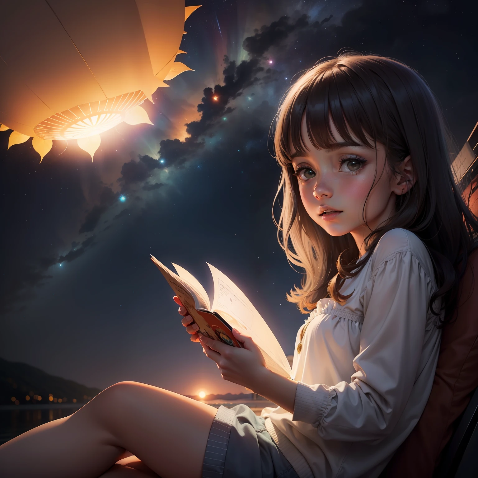 Naquela noite, Everyone came out to admire the starry sky and thank the return of the sun. para livro infantil
