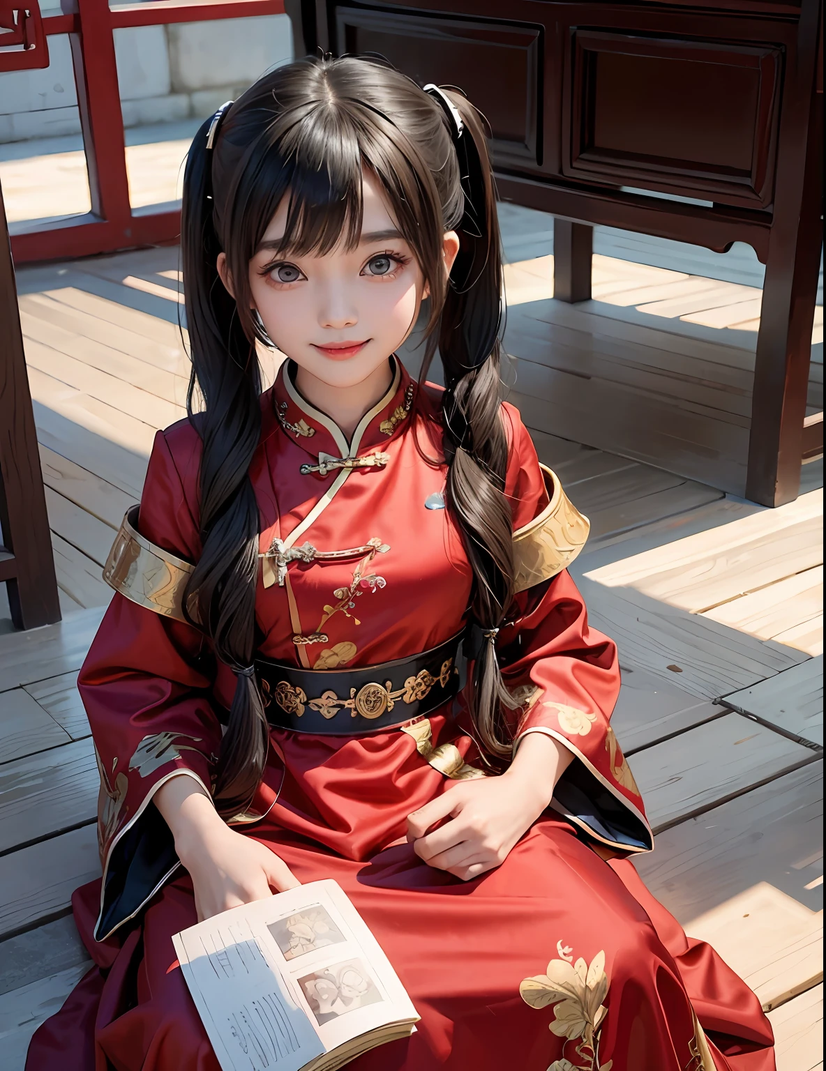 chinese palace,1little girl,lily,twintails,brunette color hair,By bangs,Long chinese dress,,9-year-old female model,Princess,Smile,