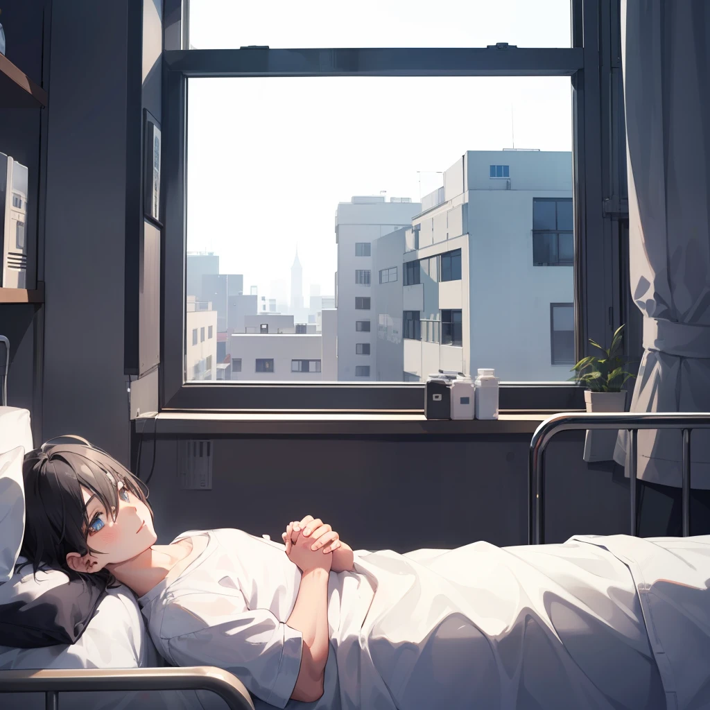 1boy,Black hair,黑The eye,(Lying in a hospital bed1.1),Feeling lost,Spread your hands,Side view of the eye,(Full body naked1.1)