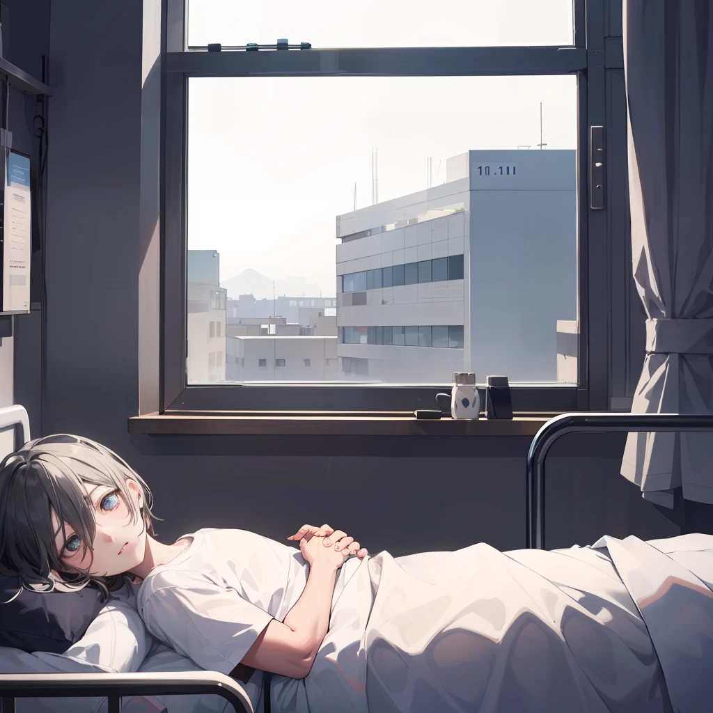 1boy,Black hair,黑The eye,(Lying in a hospital bed1.1),Feeling lost,Spread your hands,Side view of the eye,(Full body naked1.1)