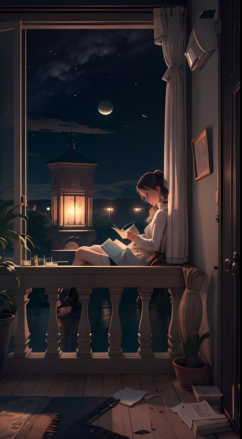 the night，A woman is reading a blank book --auto