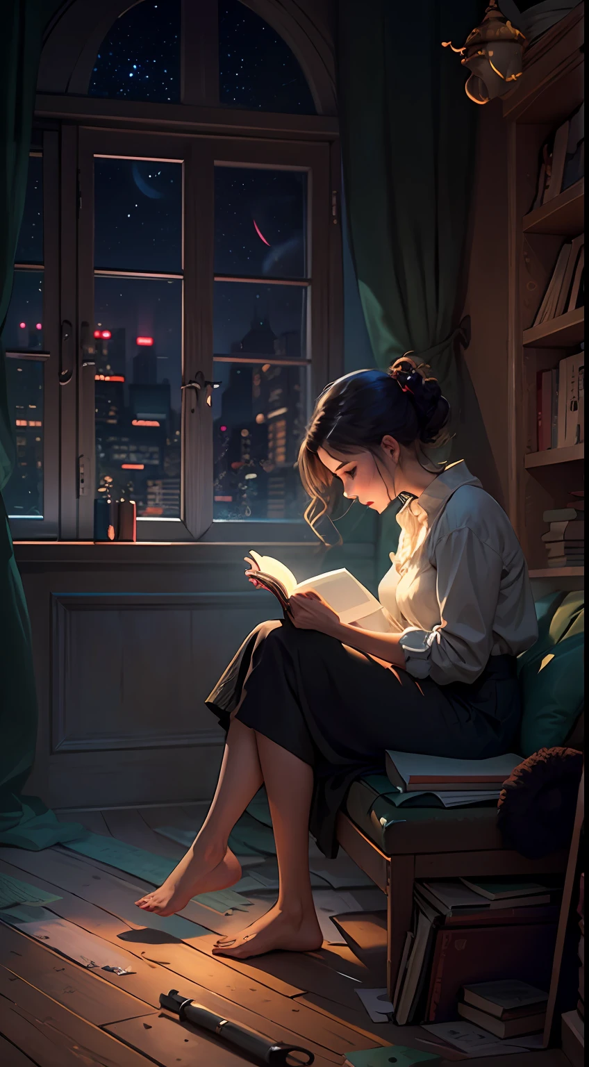 the night,A woman is reading a blank book --auto