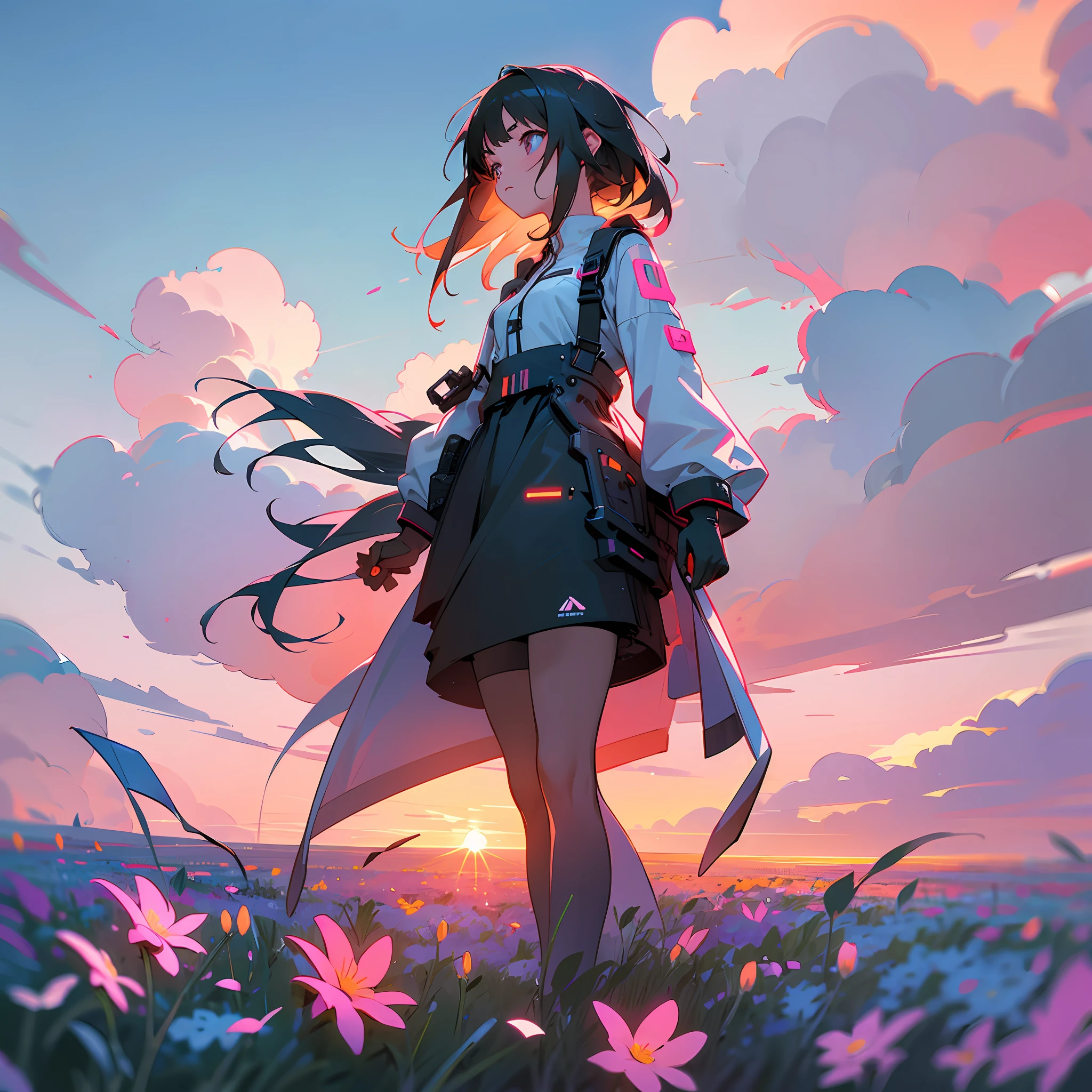 girl in field, (((field of neon flowers))), mid shot, portrait, clouds, sunrise