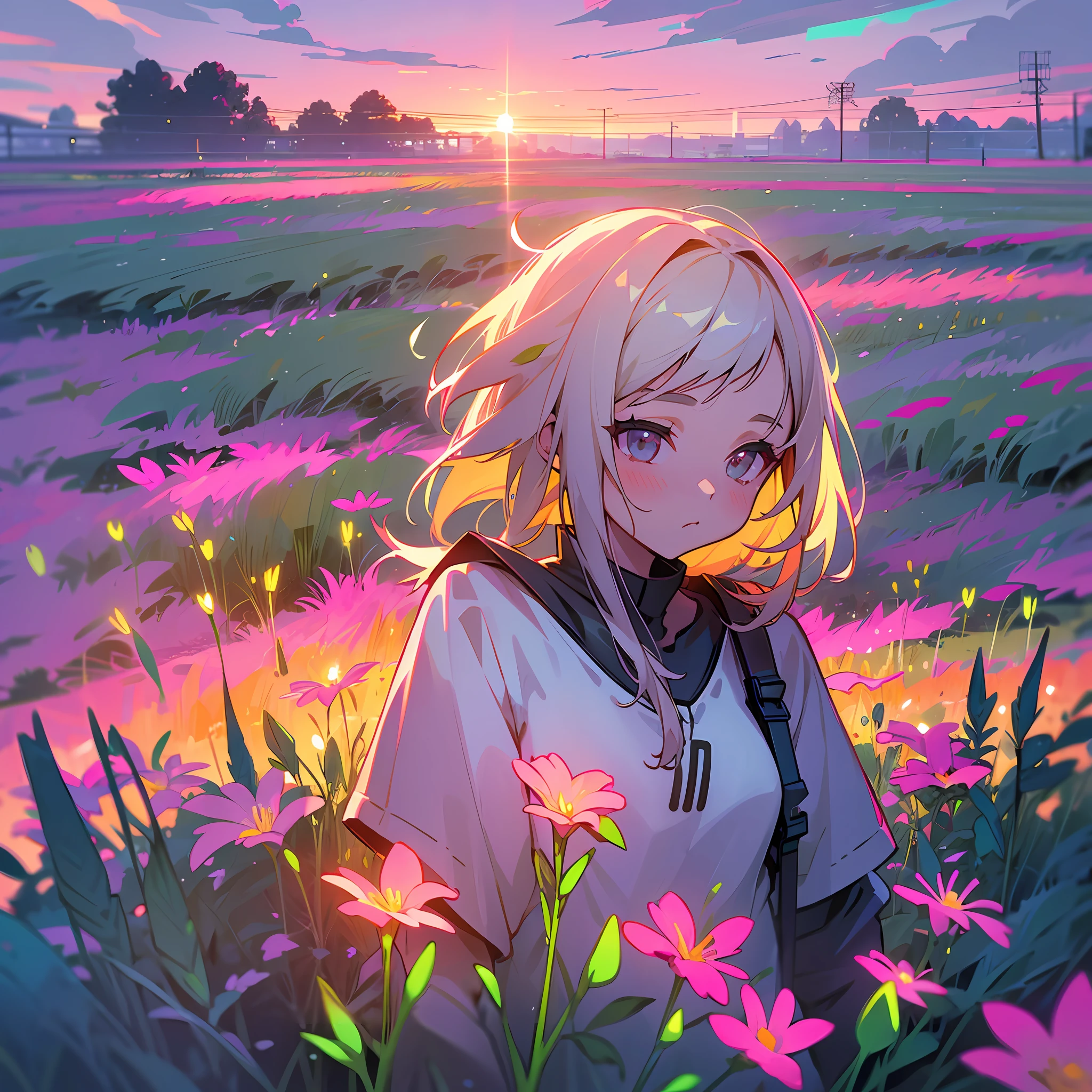 girl in field, (((field of neon flowers))), mid shot, portrait, clouds, sunrise