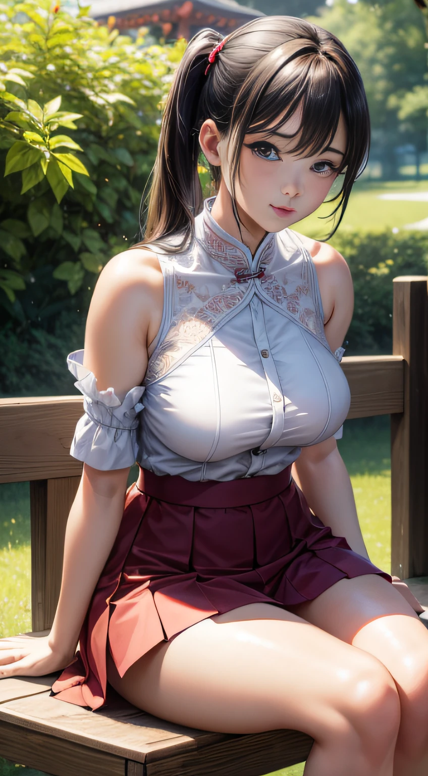 8K,PremiumQuality ,Masterpiece, illustration, Photorealsitic，An extremely delicate and beautiful, Extremely detailed,detailed face texture，Complex facial textures，Realistic face textures，Natural light，Best quality, offcial art, extremaly detailed cg， Unified 8K wallpapers, absurderes, hugefilesize , Ultra-detailed, A high resolution ,Outdoor photography，A woman who is（mature，Raised sexy，plumw，seductiv），25 age old，Chinese woman，korean woman，Slightly chubby girl，Bigchest，（full bodyesbian：1.5）pony tails，Red sports bras，Red tight skirt，Lift the skirt，pantyless，Camel toes，Sit with your knees folded