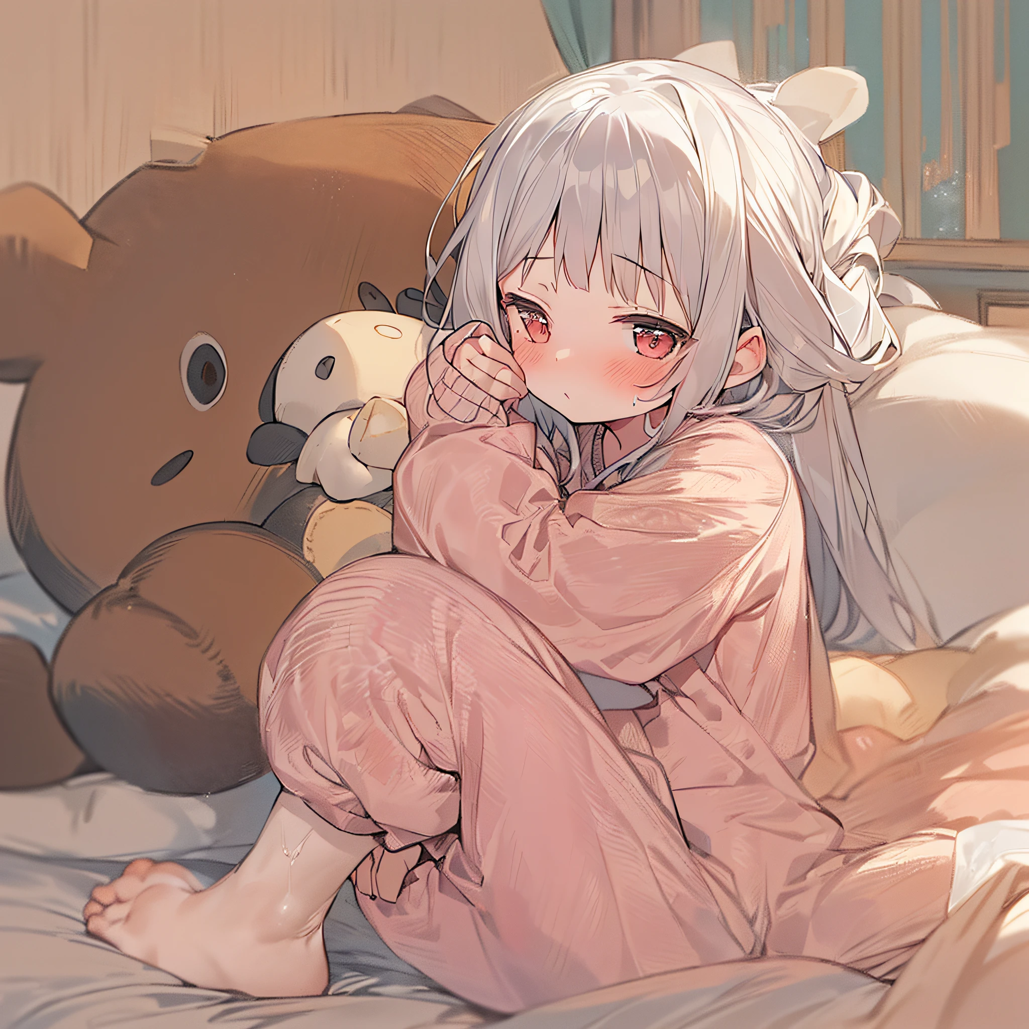 (NSFW:1.2),(tiny girl:1.5), 独奏, full body Esbian, sitting on, dynamic ungle, white hair, flat-chest, frilld, 3 age old, brown haired, length hair, (natta), starrysky, murky, sleepy, I want to sleep, covered breast,full of shyness, red blush,Young girl in pink pajamas with big stuffed animal, With a shy look, In the bedroom setting、 The composition should exude a blend of sensuality and innocence、 The background should be visually appealing、Angle from diagonally down、Movmov、starrysky