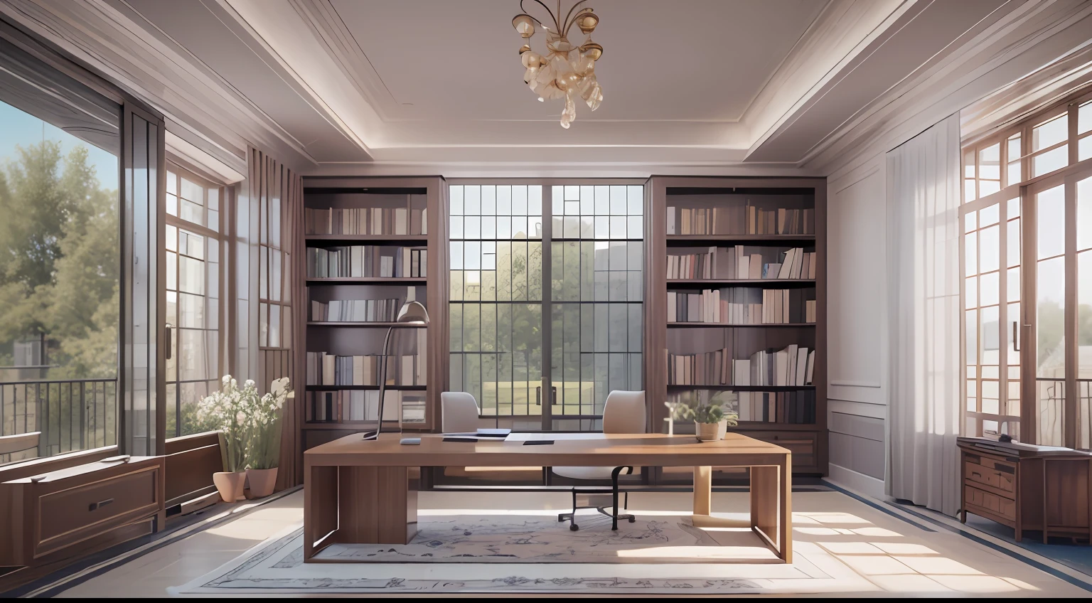 Minimalism Study,Rare flowers and plants(1:0.005),suns rays,(Large simple desk,bookshelves,sofe),(Clean walls,Clean ceilings),No main light design,an award winning masterpiece,The details are incredible,big window,highly detailed,Harper's Bazaar art,fashion magazine,fluency,Clear focus,8K,rendering by octane
