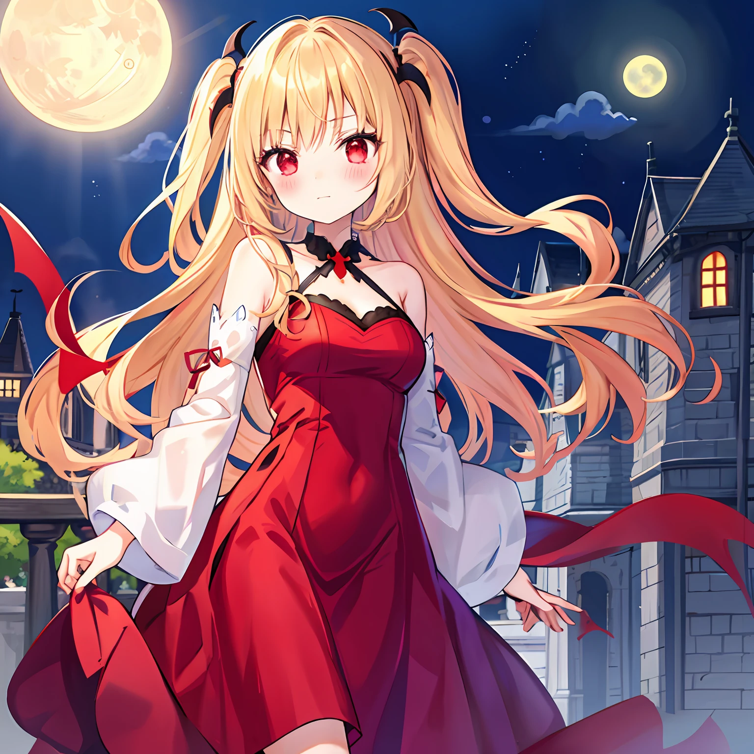 red blush、blonde  hair、red eyes、Beautiful girl alone、animesque、独奏、lonely、Vampire、a moon、natta、antique dress、off shoulders