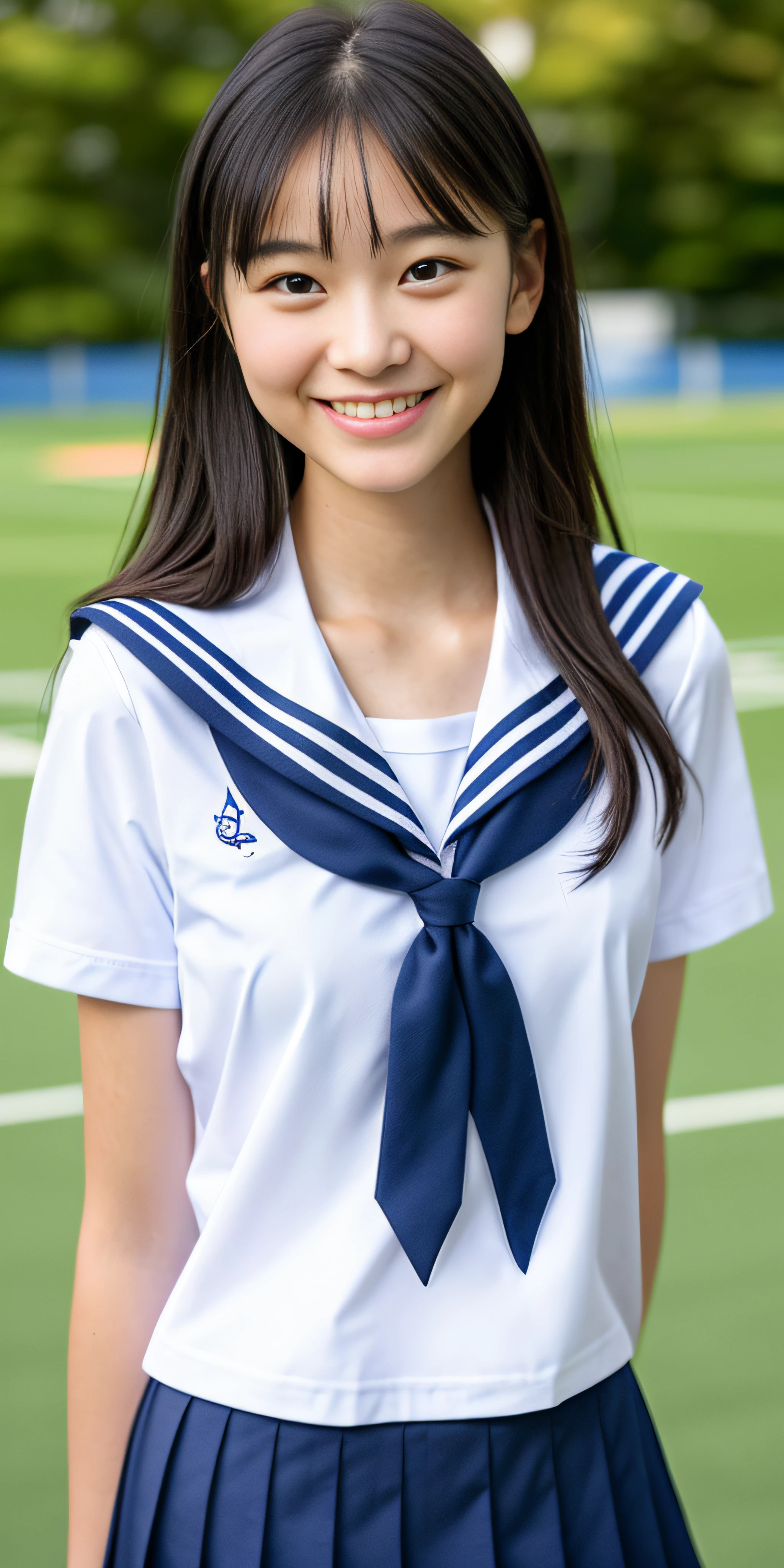 neat college girl, (school uniform, sailor uniform, ribbon tied at chest, summer clothes, upper body white, skirt dark blue, short sleeves), outside the athletic field, (slim), photorealistic, detail, skin texture, ultra detail, delicate and sexy collarbone, smile, super detailed face, detailed lips, detailed eyes, double eyelids, small breasts, small breasts, small, flat breasts, breast emphasis