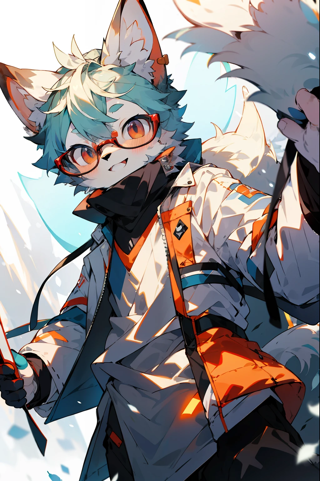 depth of fields，lighting perfect，light particules，（best qualtiy），（tmasterpiece），（ultra - detailed），Sharp focus，light particules，niji，eyesgod，Blushlush，red_eyes，looking_at_viewer，smile，solo，furry，animal_ear_fluff，open_clothes，full bodyesbian，coda，White coat，the scientist，wears glasses，rays of sunshine，snow landscape，Close your mouth，from below，Young men，Wear earrings