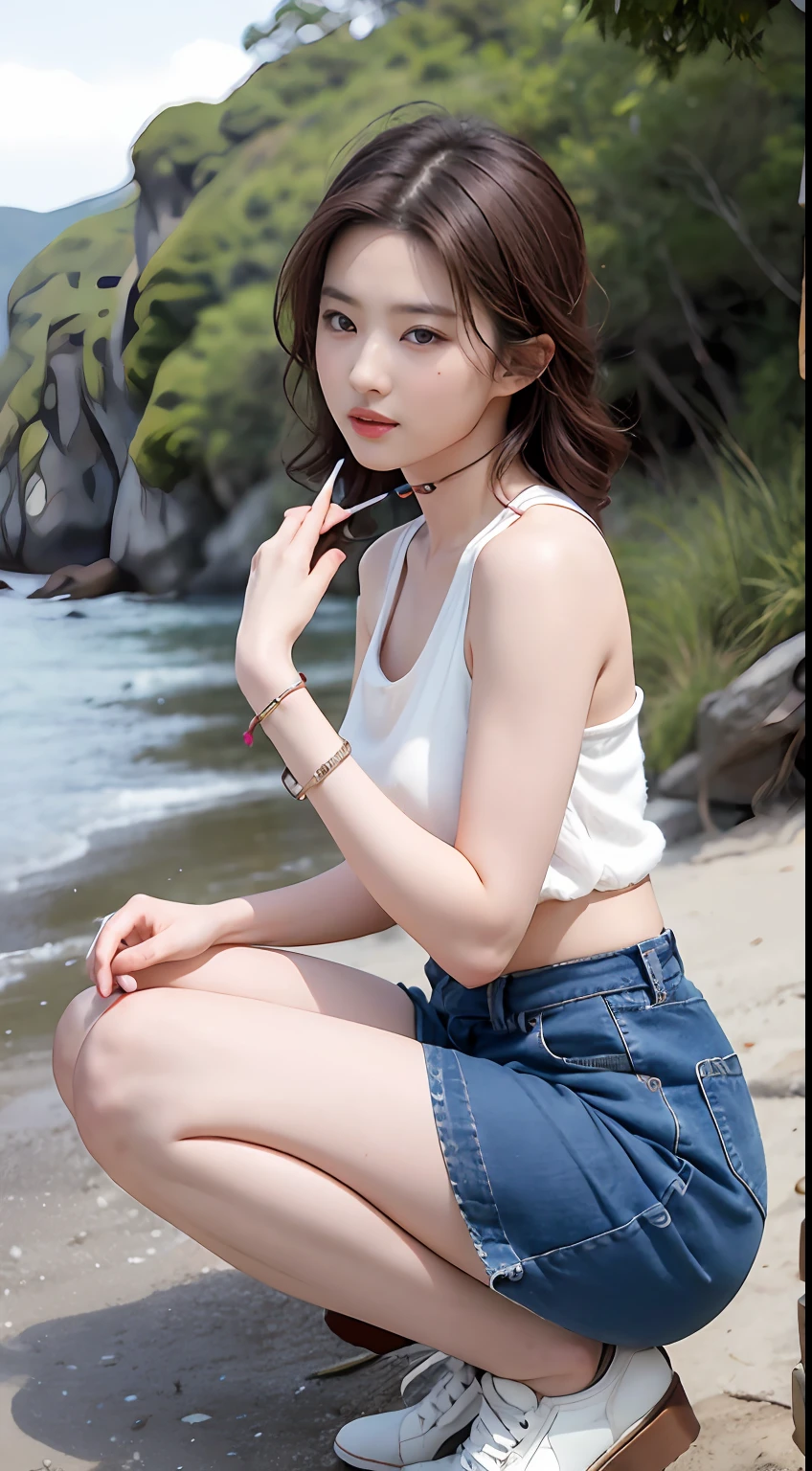 NSFW, 8K Raw photograph, best qualtiy, tmasterpiece, 超高分辨率, filmgrain, cinematic ligh, 1girll, looking at viewert, Natural skin texture, Realistic Eyes and Face Details, full pouty lips, lipsticks, (putting makeup on), Red eyeshadow, Short fluffy hair, messy hair, ssmile, Keep one's mouth shut, beautifullegs, Tall women, being thin, Slim_Legs, 独奏, Brustwarzen, Pose with your hips facing you, Superskirt, hindquarters, Beautiful natural location, Location of flowers around, (detailedbackground) , Show a little through the shirt, footwear, vague background, bblurry, halter,, short- sleeved, JK ribbon around the neck, JK ribbon, brown hair, bangle, Eau, By bangs, Pocket clothes, jewely, parted lip, cparted lips, From the side Side, Printed skirt, depth of fields,beachside