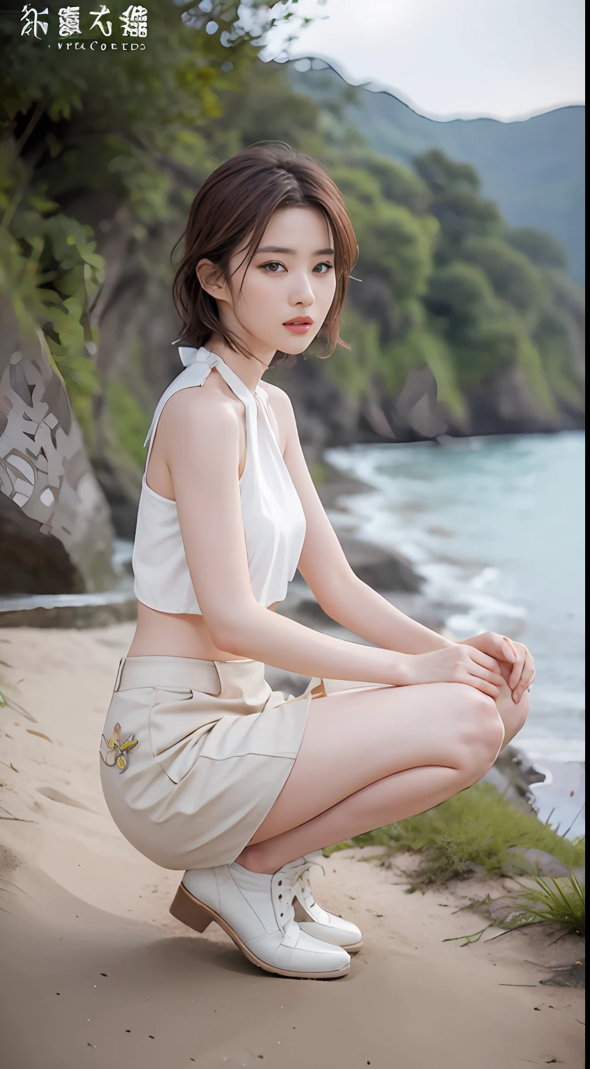 NSFW, 8K Raw photograph, best qualtiy, tmasterpiece, 超高分辨率, filmgrain, cinematic ligh, 1girll, looking at viewert, Natural skin texture, Realistic Eyes and Face Details, full pouty lips, lipsticks, (putting makeup on), Red eyeshadow, Short fluffy hair, messy hair, ssmile, Keep one's mouth shut, beautifullegs, Tall women, being thin, Slim_Legs, 独奏, Brustwarzen, Pose with your hips facing you, Superskirt, hindquarters, Beautiful natural location, Location of flowers around, (detailedbackground) , Show a little through the shirt, footwear, vague background, bblurry, halter,, short- sleeved, JK ribbon around the neck, JK ribbon, brown hair, bangle, Eau, By bangs, Pocket clothes, jewely, parted lip, cparted lips, From the side Side, Printed skirt, depth of fields,beachside