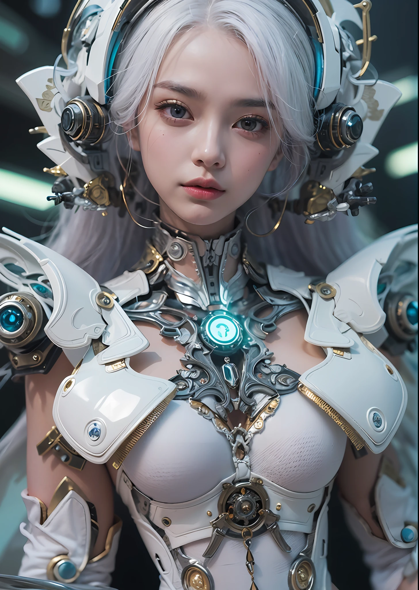 top-quality、​masterpiece、超A high resolution、(Photorealsitic:1.4)、Raw photo、Steampunk Cyborg Angel、large wings made of metal、White porcelain body、white  hair、glowy skin、1 Cyborg Girl、((super realistic details))、portlate、globalillumination、Shadow、octan render、8K、ultrasharp、character edge light,Colossal tits、Raw skin is exposed in cleavage、Details of complex ornaments、Acrylic Clear Cover、Sumerian details、Hydraulic cylinder、Small LED lamp、highly intricate detail、Realistic light、a purple eye、radiant eyes、Facing the camera、neon details、cowboy  shot、Futuristic headgear、About Cyberpunk、、