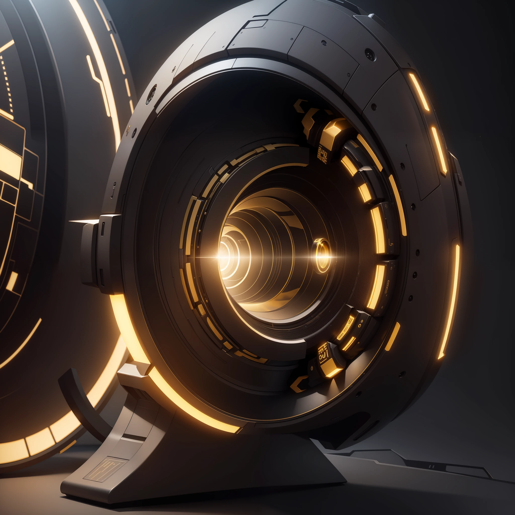 A futuristic installation，Black-gold body，The background is another futuristic object，Virtual engine rendering，tmasterpiece， best qualtiy， （Very detailed CG unity 8k wallpaper） （best qualtiy）， （Most Best Illustration）， （best shadow） Nature'， Light tracking， ultra - detailed， glarelight， cinematric light， Soft light --v6