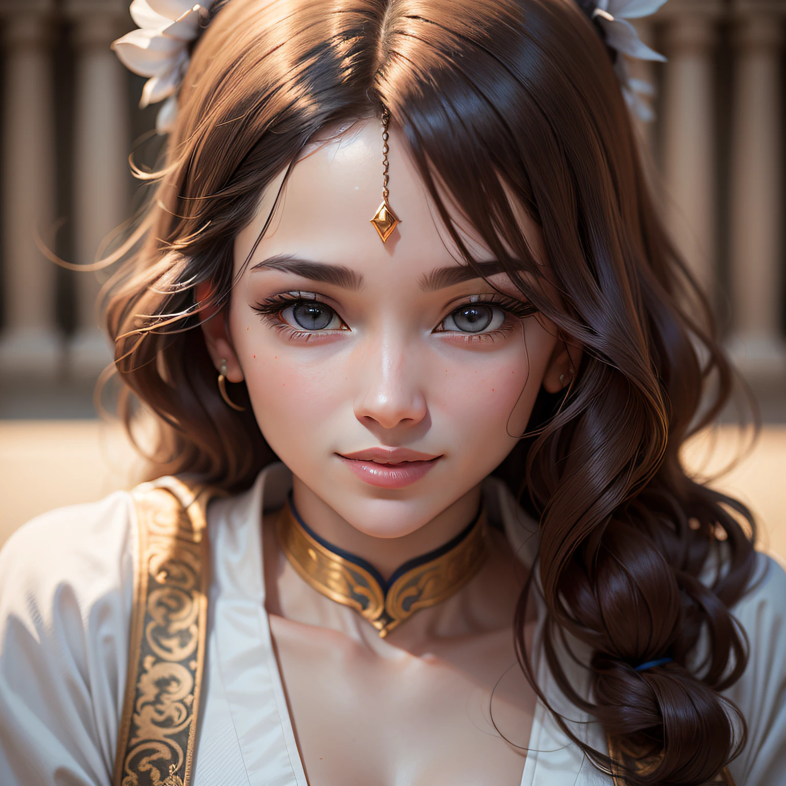 My face、complex 3d render ultra detailed, 1lady, (natural skin textures, Realistic eye details:1.2)、Delicate and complete beauty、beautiful、detaile、masterpiece、top-quality、Official Art、the Extremely Detailed CG Unity 8K Wallpapers、unbelievably beautiful、Fantastic、Delicate skeleton、godly、A slight smil、Realistic eyes、expressioness、A dark-haired、de pele branca、Cherry-colored lips、Big beautiful eyes、Greek type nose、Plump、Shining eyes、Impressive smile、Pedras preciosas、circlet、Semi-long、curlyhair、Glossy、Glossy、Totally beautiful、Almighty God、White costume that does not reveal skin、Priest、priest、Ancient Izumo Dynasty、Temple in the Sky、Chalk Temple、Male and female twins