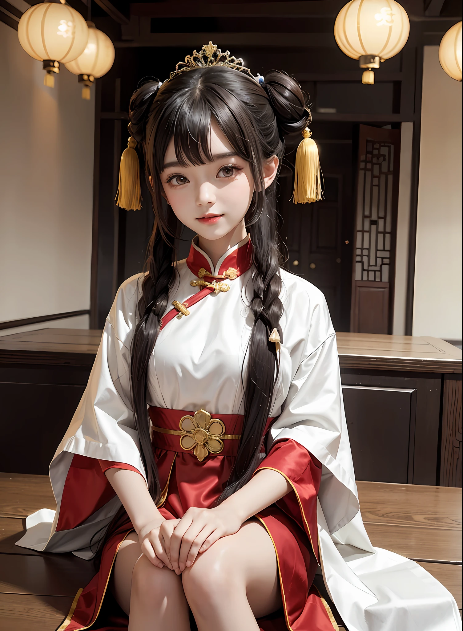 chinese palace,1little girl,lily,twintails,brunette color hair,By bangs,Long chinese dress,,9-year-old female model,Princess,Smile,