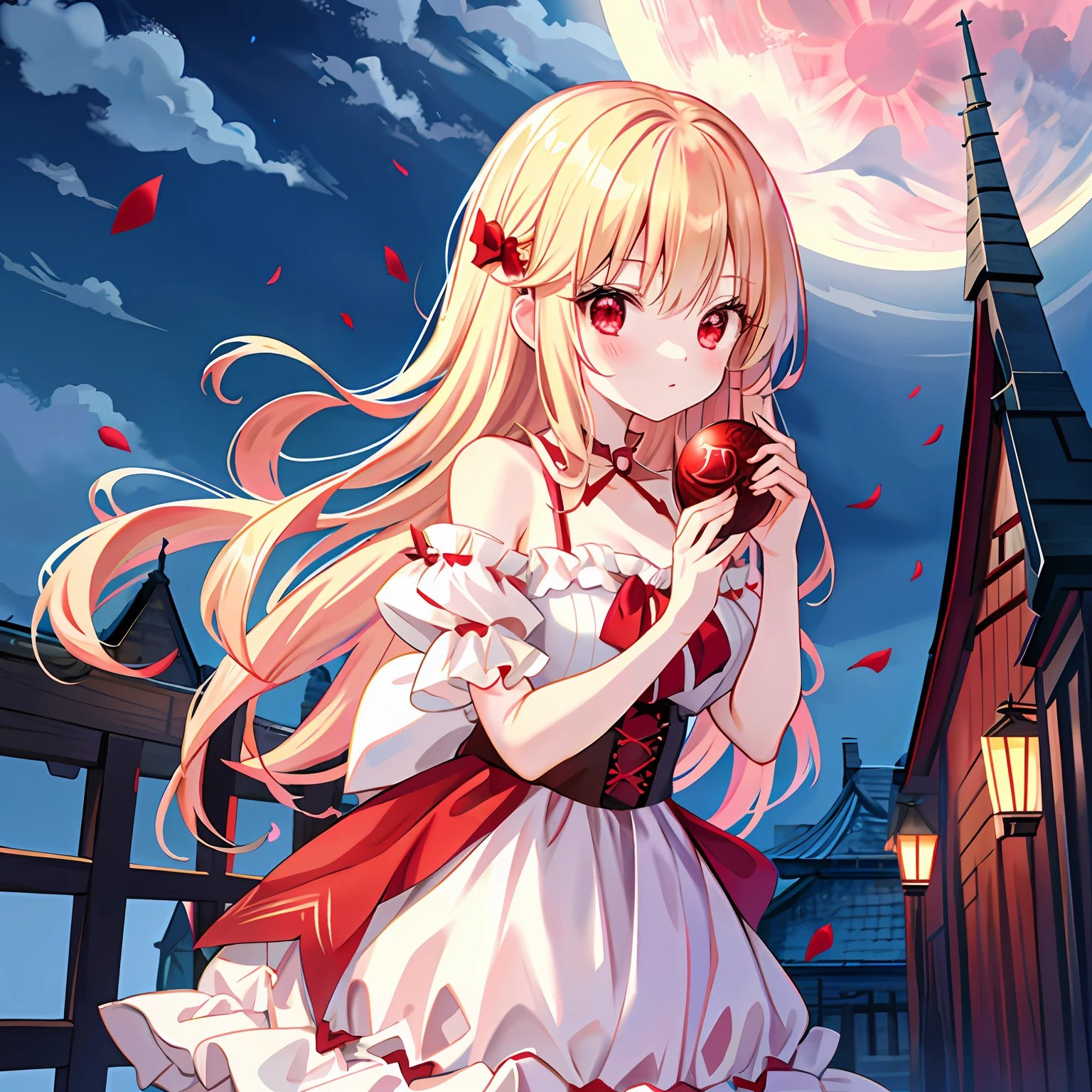 red blush、blonde hair、red eyes、Beautiful girl alone、animesque、独奏、lonely、vampire、a moon、natta、doress、off shoulders