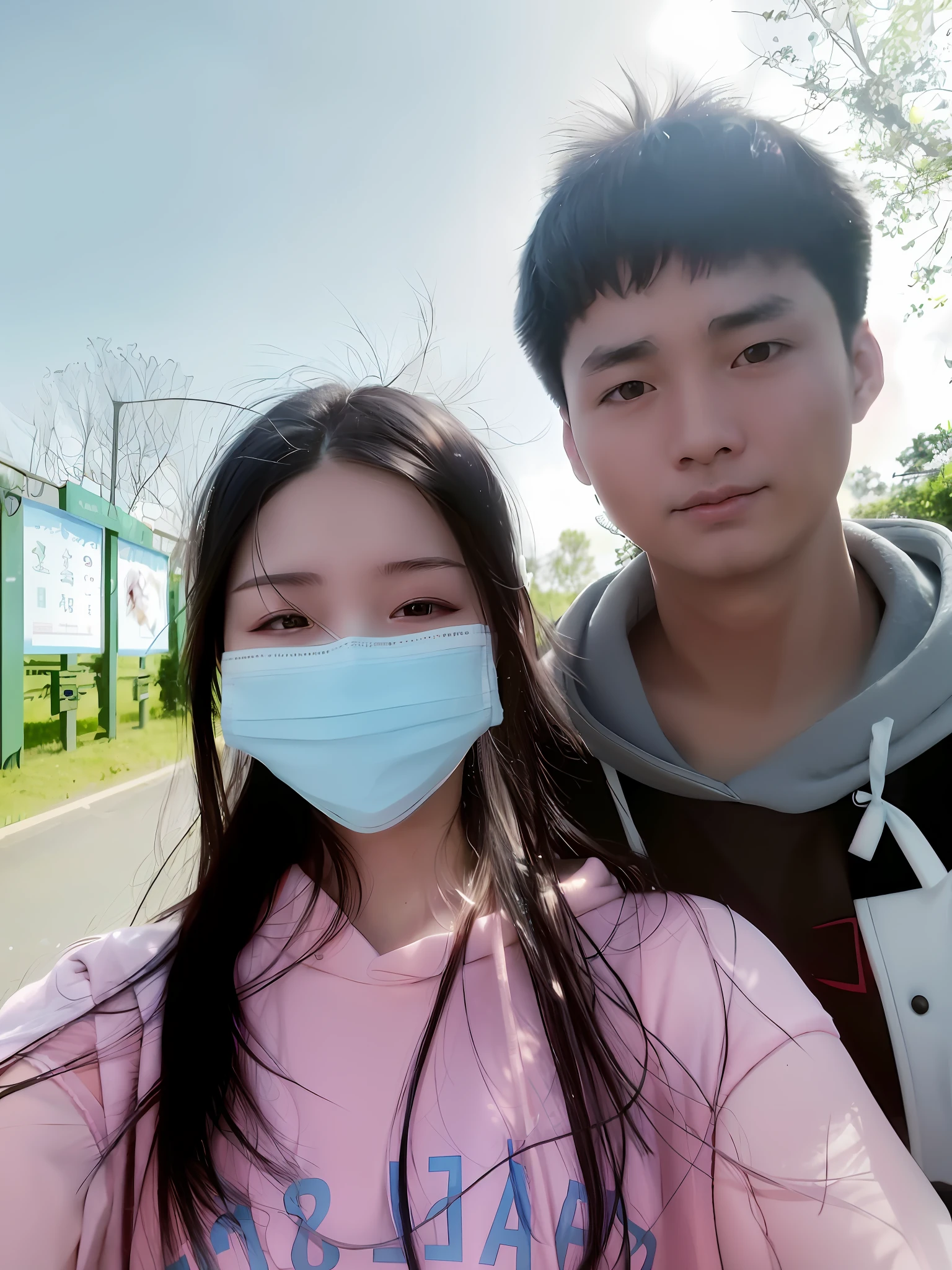 There was a man and a woman wearing masks, Ruan Jia and Fenghua Zhong, zmonzheng, 8K selfie photos, cute couple, yanjun cheng, xintong chen, 8K)), ruan jia and brom, couple, Li Zixin, mingchen shen, xiang duan, from china, zeng fanzh