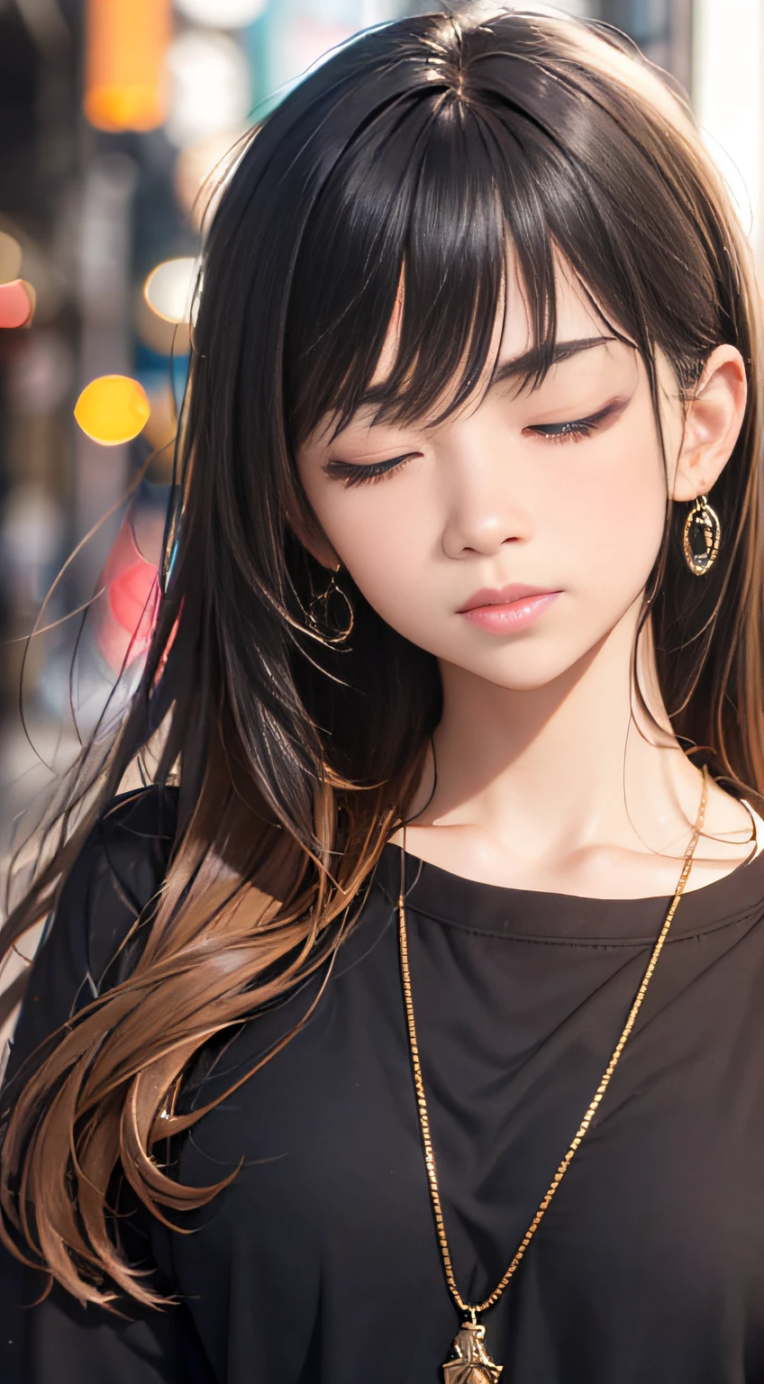 1girls, bangs, black hair, lack shirt, blurry, blurry background, bokeh, brown eyes, brown hair, closed mouth, day, depth of field, hair between eyes, halt-
closed eyes, head tilt, jewelry, lips, long hair, long sleeves, looking at viewer, multicolored hair, necklace, nose, outdoors, shirt, smile, solo, thick eyebrows,
two-tone hair, upper body
. ((masterpiece))