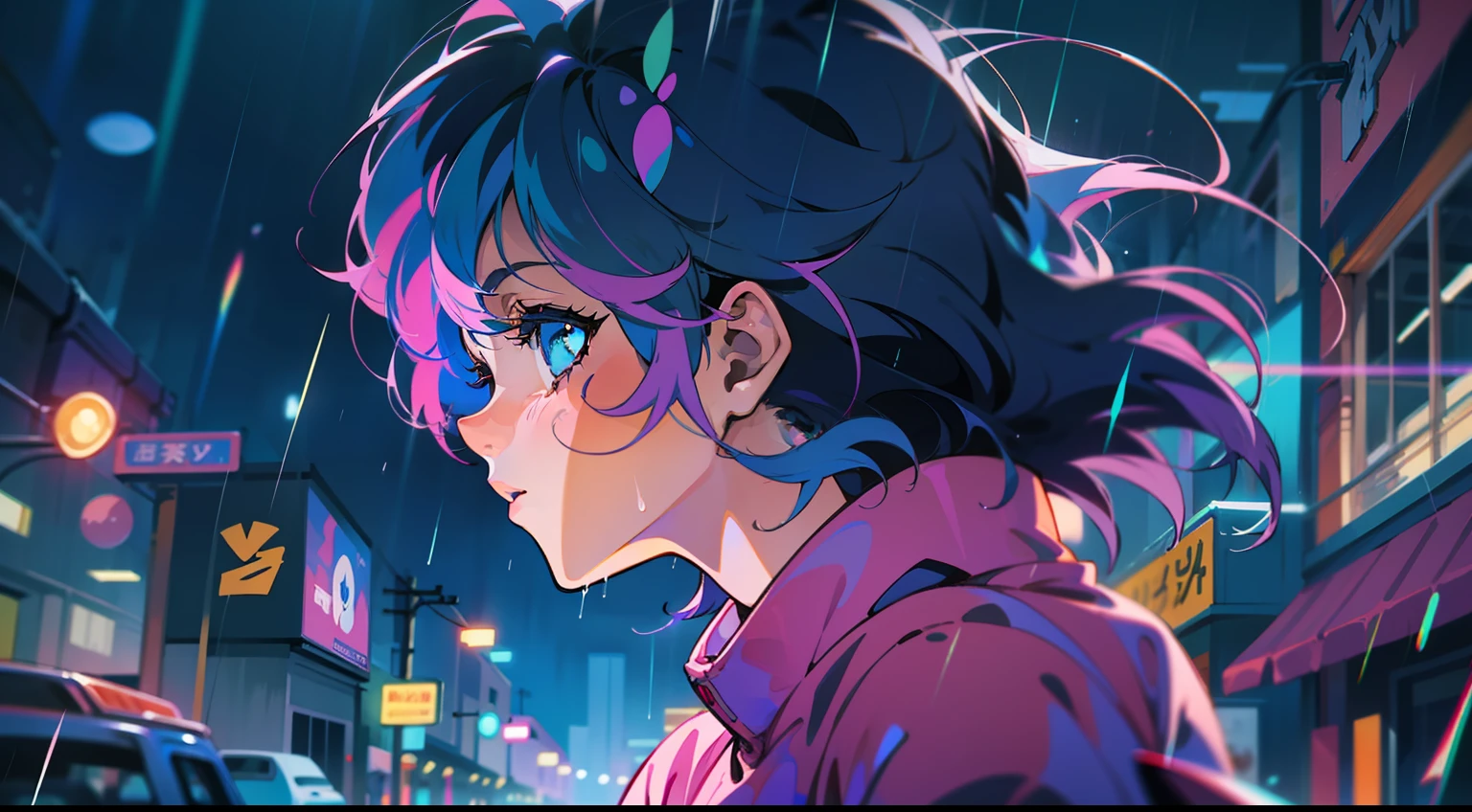 Anime girl walking down street in rain at night,, in the art style of 8 0 s anime, the anime girl is running, ' ramona flowers ', cosmic girl, style of anime4 K, 8 0 s anime art style, Praise Artstyle, official fanart, Anime style illustration